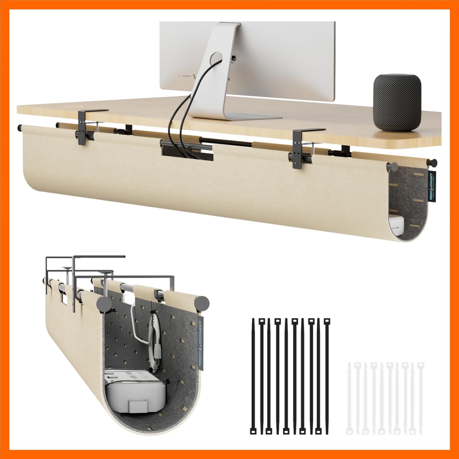 Elegant 45.2" No Drill Under Desk Cable Management Tray - Khaki Felt Design