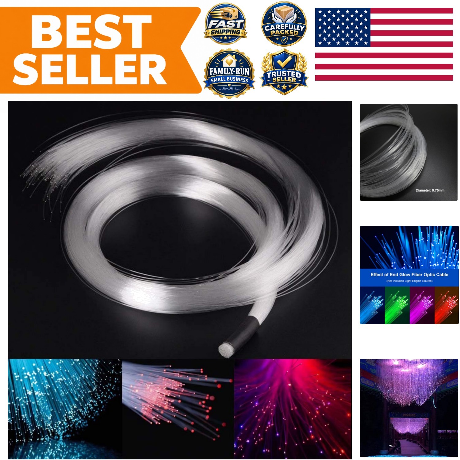 End Glow Fiber Optic Light Cable, PMMA 150pcs 0.03in 6.5ft Fiber Starlight St...
