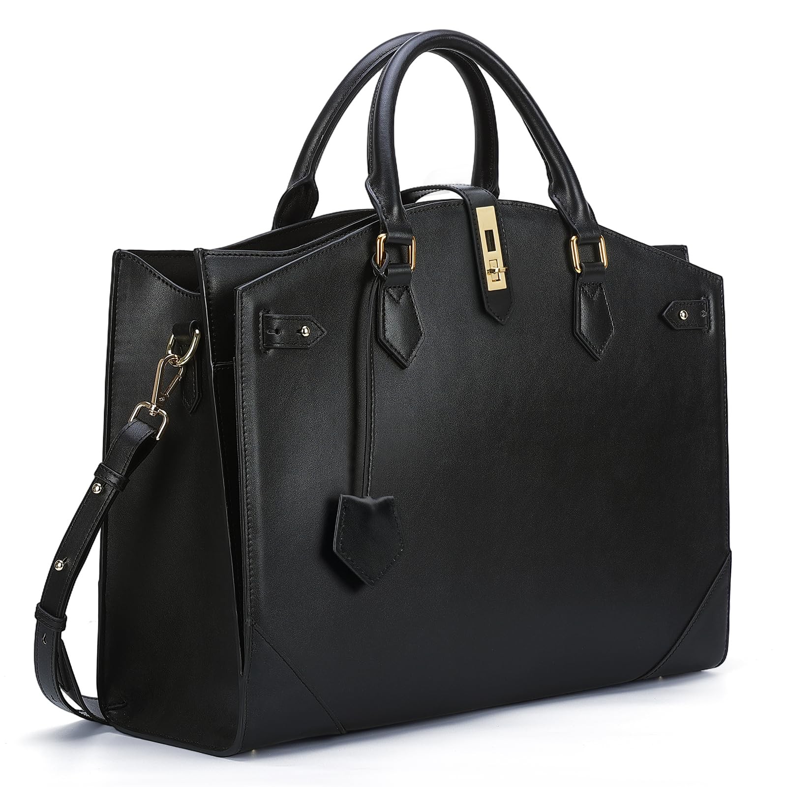 Masa Kawa Leather Work 16" Laptop Tote Bag for Women, Black Briefcase