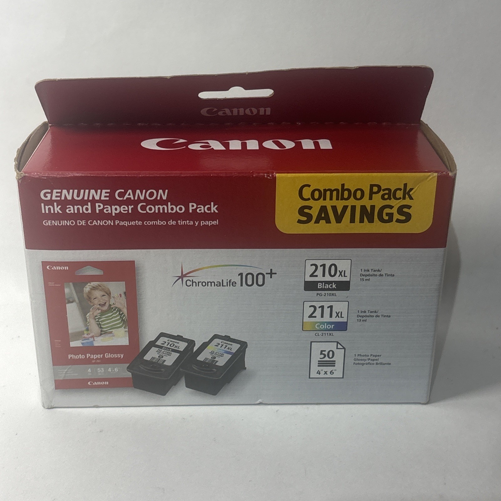 New Genuine Canon 210XL Black 211XL Color & 4x6 Photo Paper Set Item 2973B004