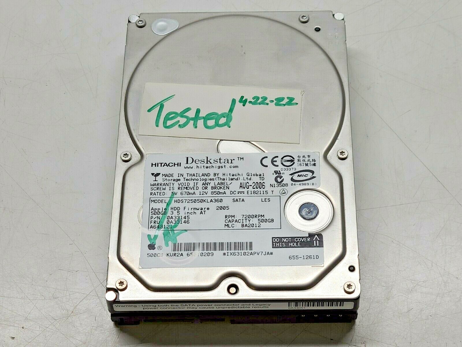 HITACHI HDS725050KLA360 PN 0A33145 7200 RPM 500GB SATA 3.5 Hard Drive TESTED