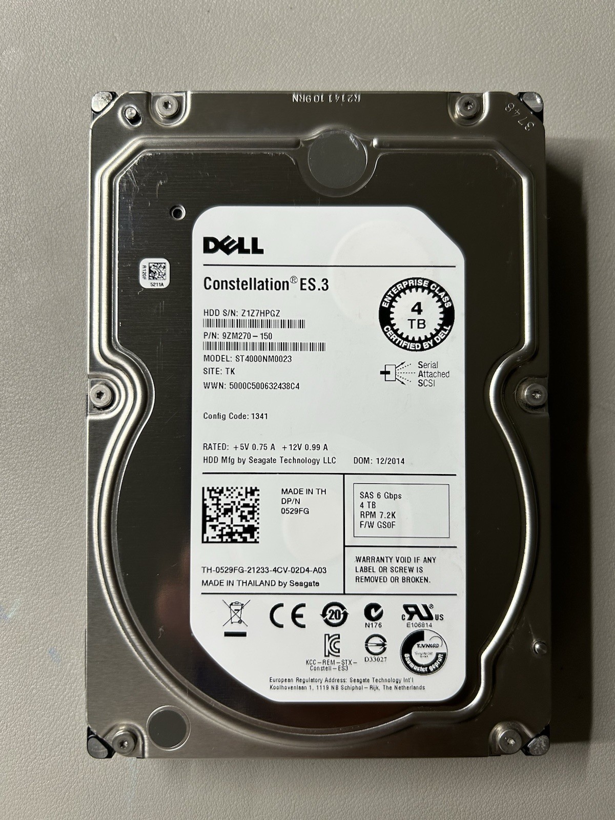 Dell ST4000NM0023 4TB 7.2K 6Gbps 3.5" SAS SERVER Hard Drive 529FG, 100% Health