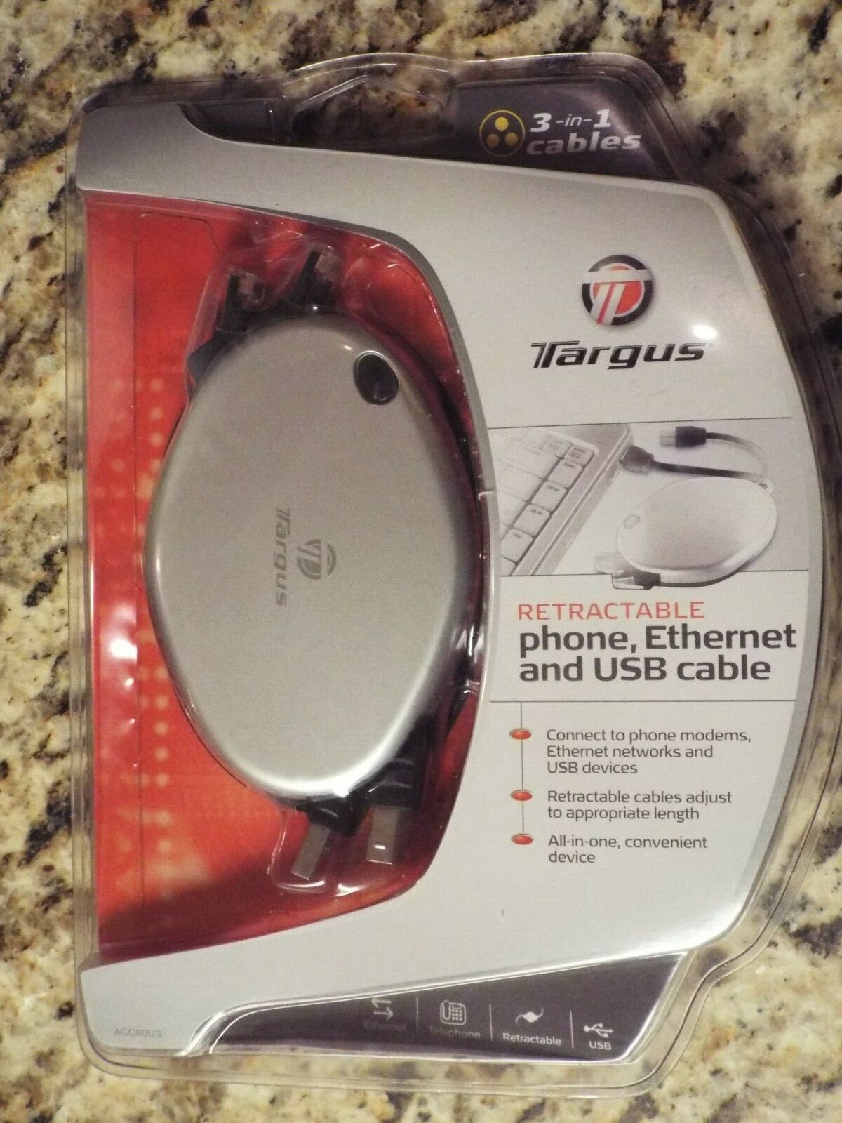 Targus ACC80US 3-in-1 Retractable Phone, Ethernet, and USB Cable