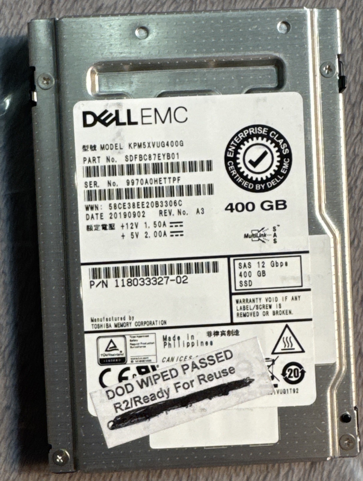 Dell EMC 400GB 12Gbps SAS WI TLC 2.5 SSD KPM5XVUG400G 118033327-02