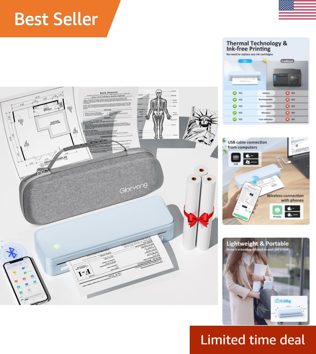 Compact Inkless Printer for Travel: Includes 3 Thermal Paper Rolls & Carry Case