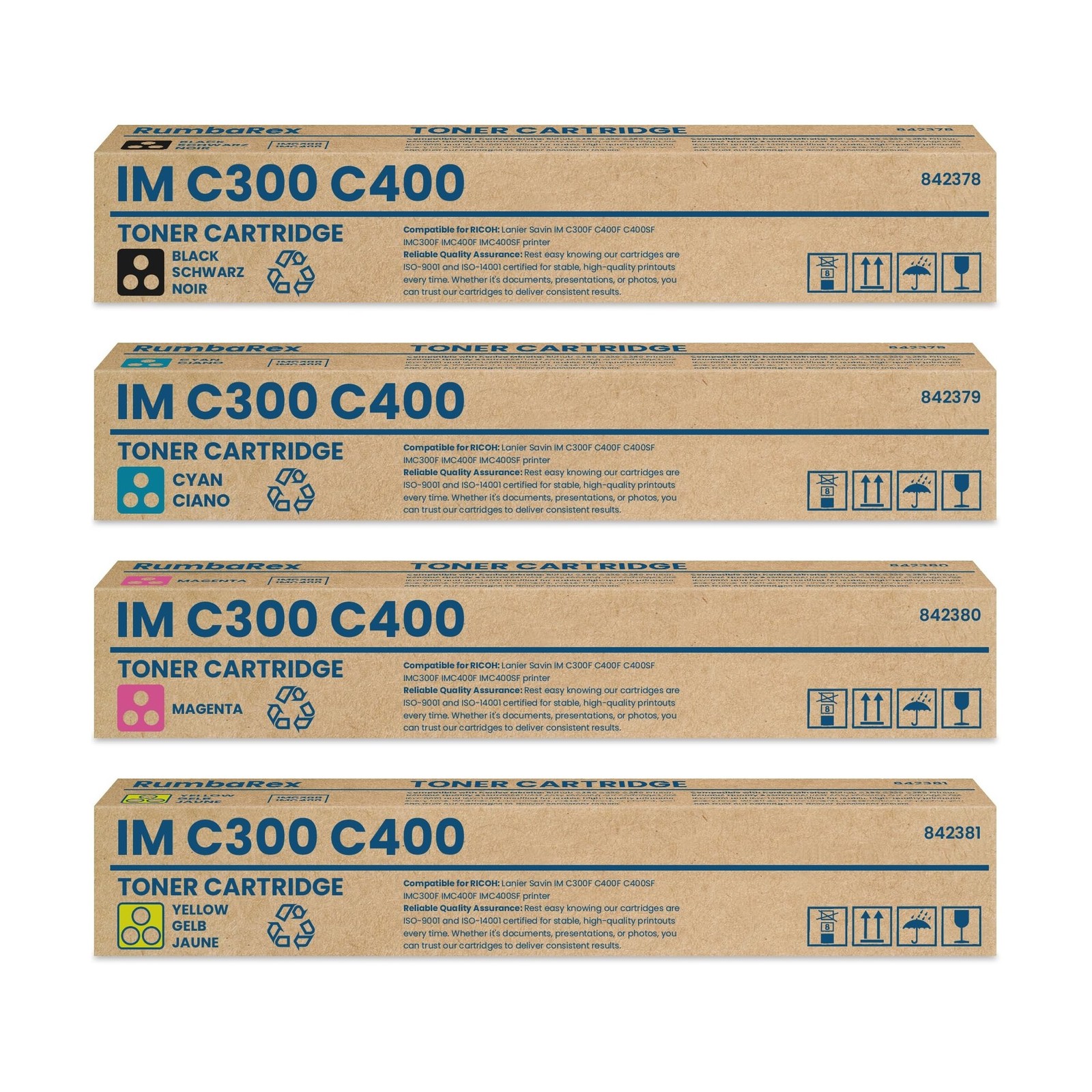 IM C300 C400 Toner Cartridge 4-Pack (Black Cyan Magenta Yellow) 842378 842379...