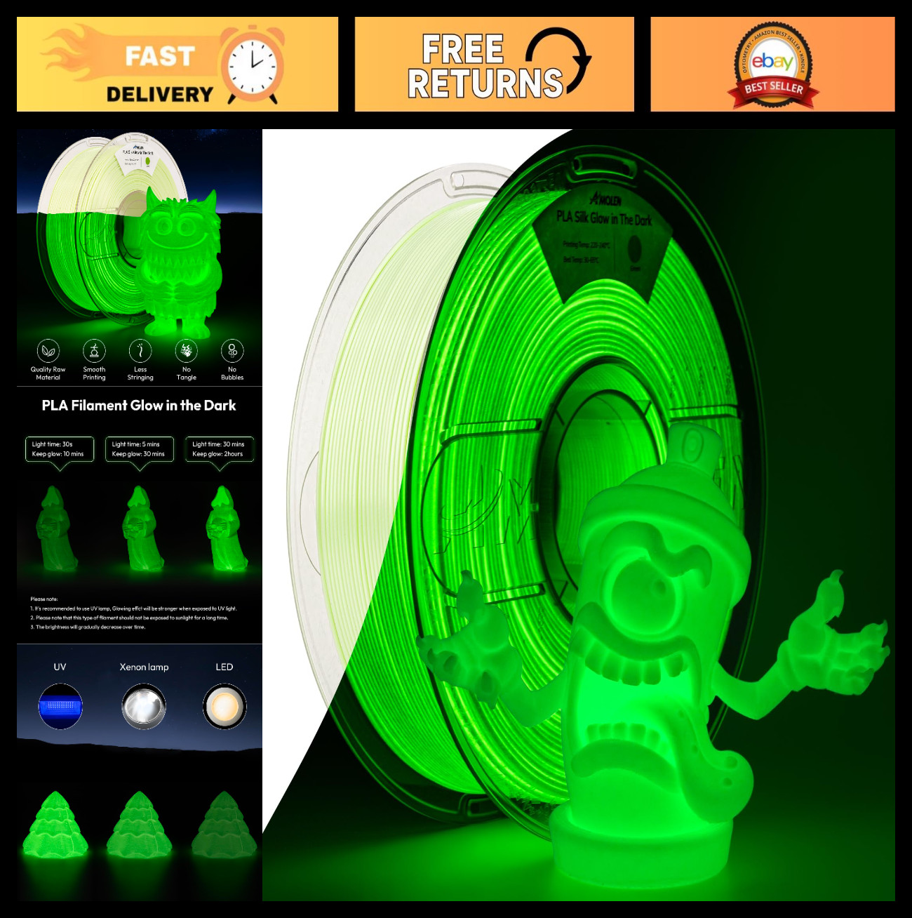 Glow in the Dark 3D Printer Filament 1.75mm Green, Shiny Silk PLA, UV Reactive,