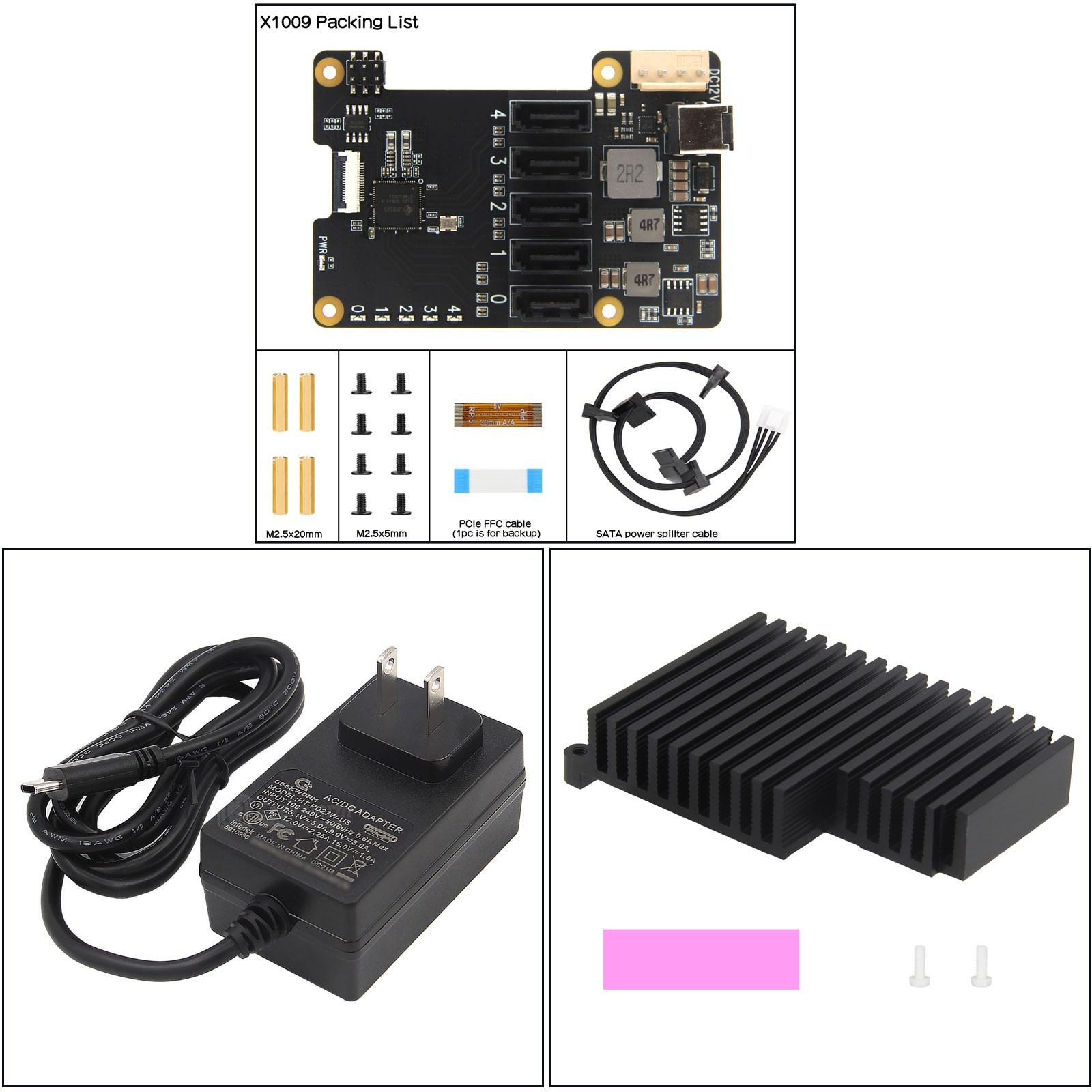 Geekworm X1009 PCIe to 5-Port SATA Expansion Board + Heatsink + DC 12V Adapter