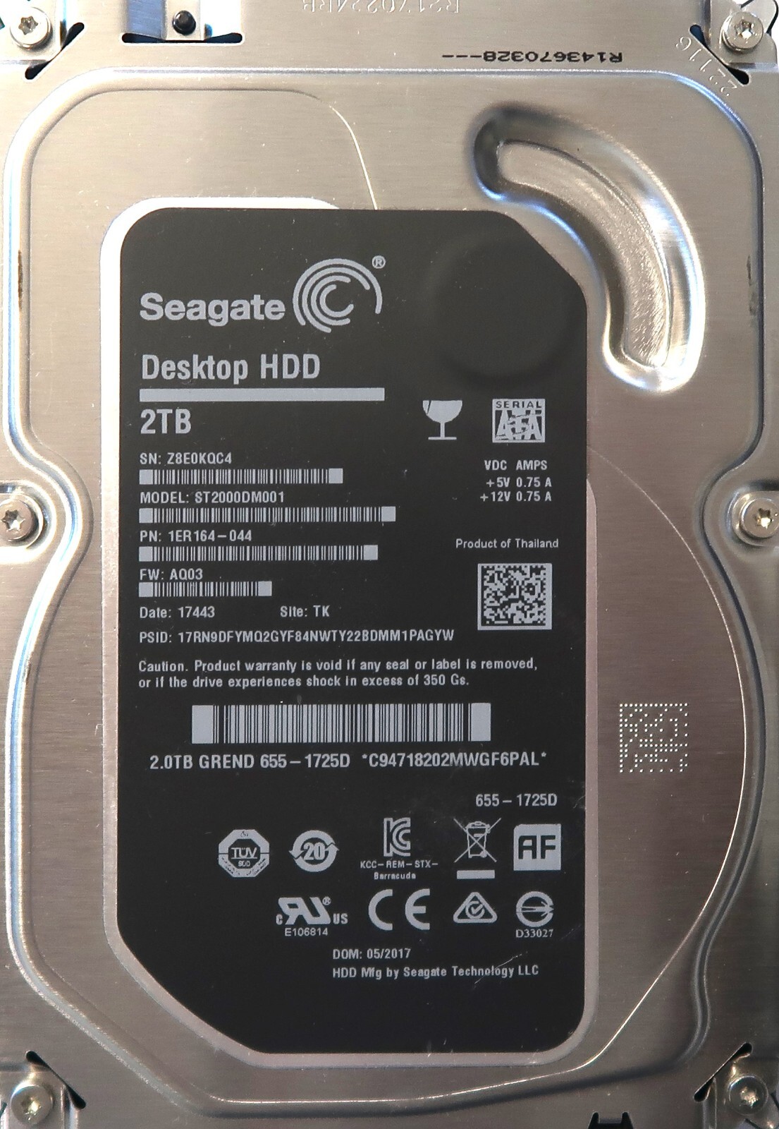 Seagate ST2000DM001 PN: 1ER164-044 FW:AQ03 TK Thailand (Z8E0) 3.5" 2TB HDD 2017