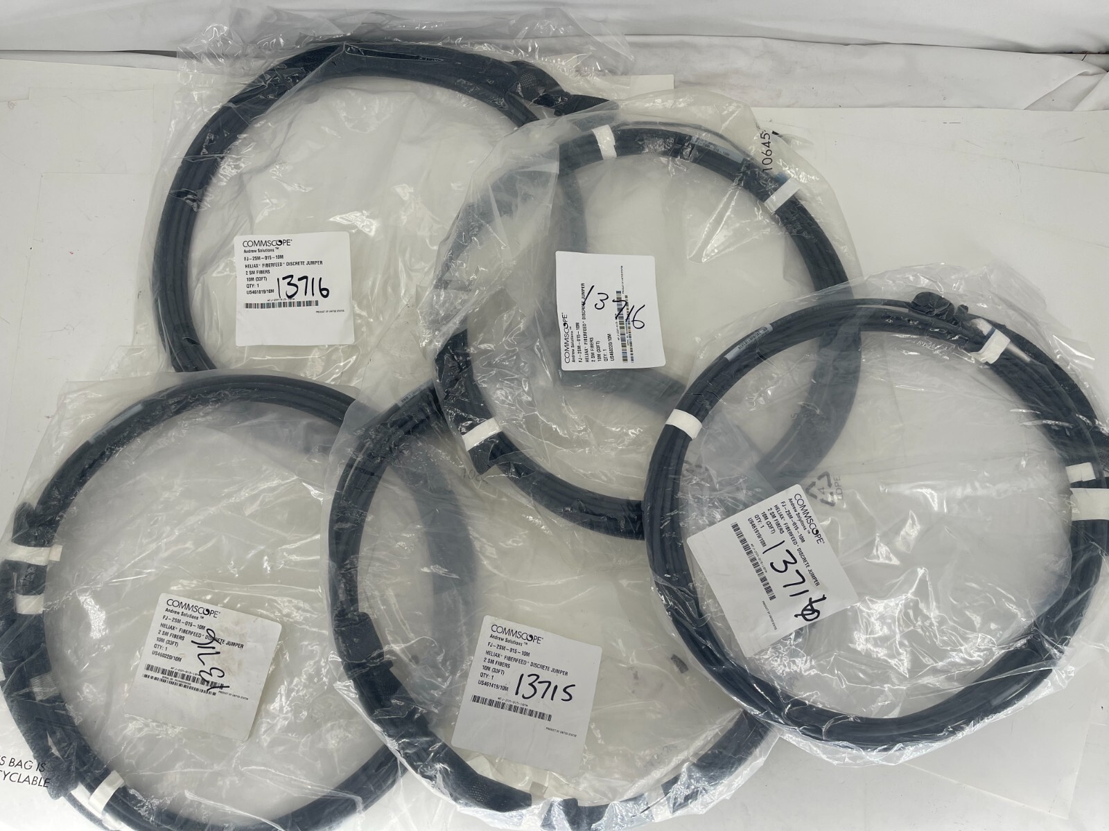 lot of 5 CommScope FJ-2SM-015-10m HELIAX FIBERFEED DISCRETE FIBER OPTICAL CABLE