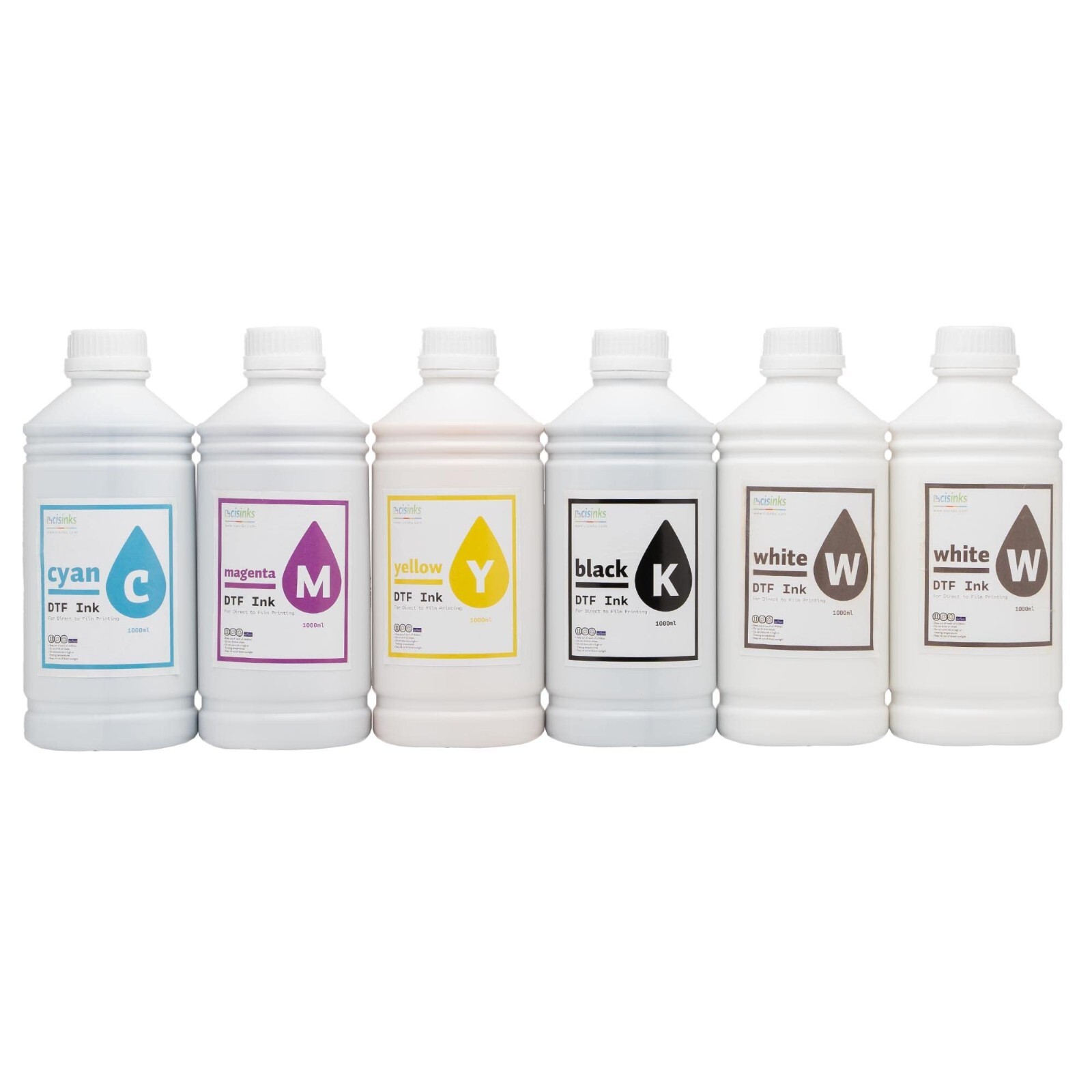CISinks Premium Large DTF Ink Bottle Bulk Refill Set (1000ml x 6, CMYK 2X Wh)