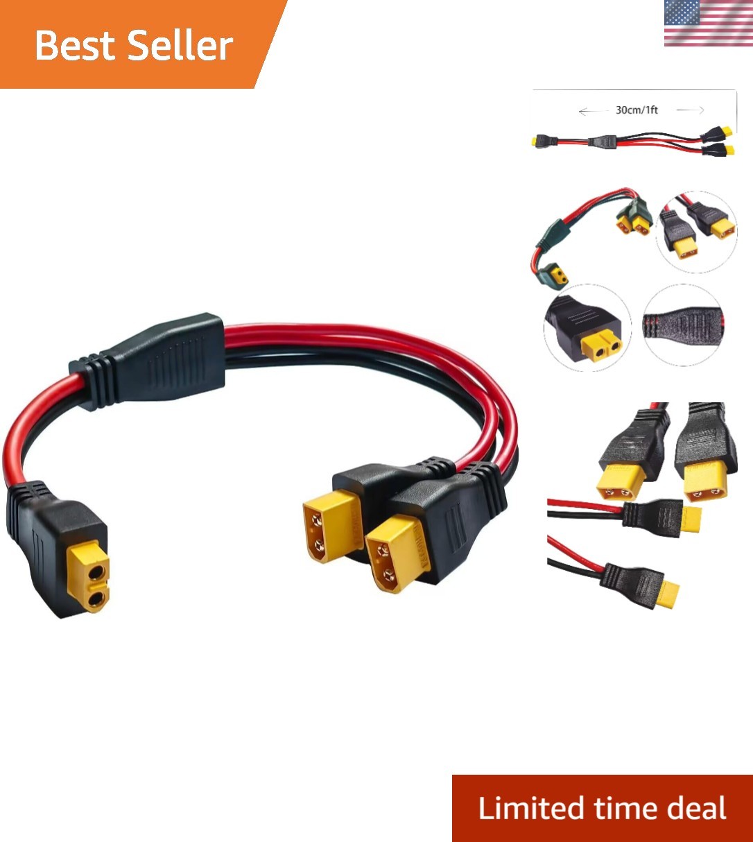 10AWG XT60 Y Splitter Cable, XT60 Female to Dual Male Connector Adapter for S...