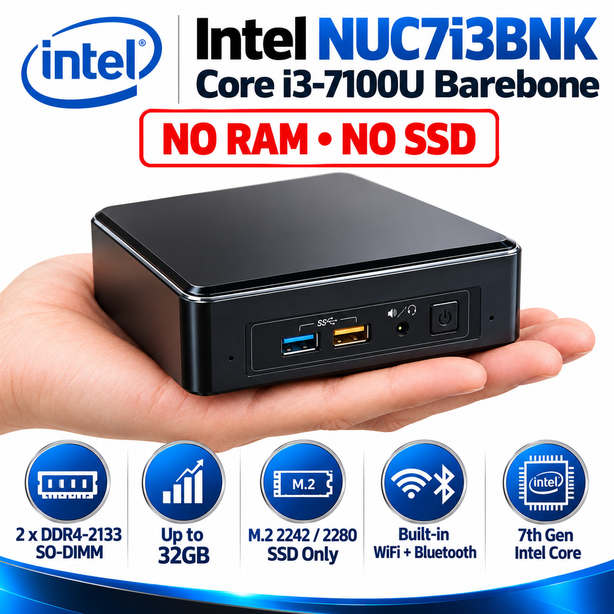 Intel NUC7i3BNK i3-7100U Mini PC Barebone No RAM No SSD WiFi M.2 DDR4