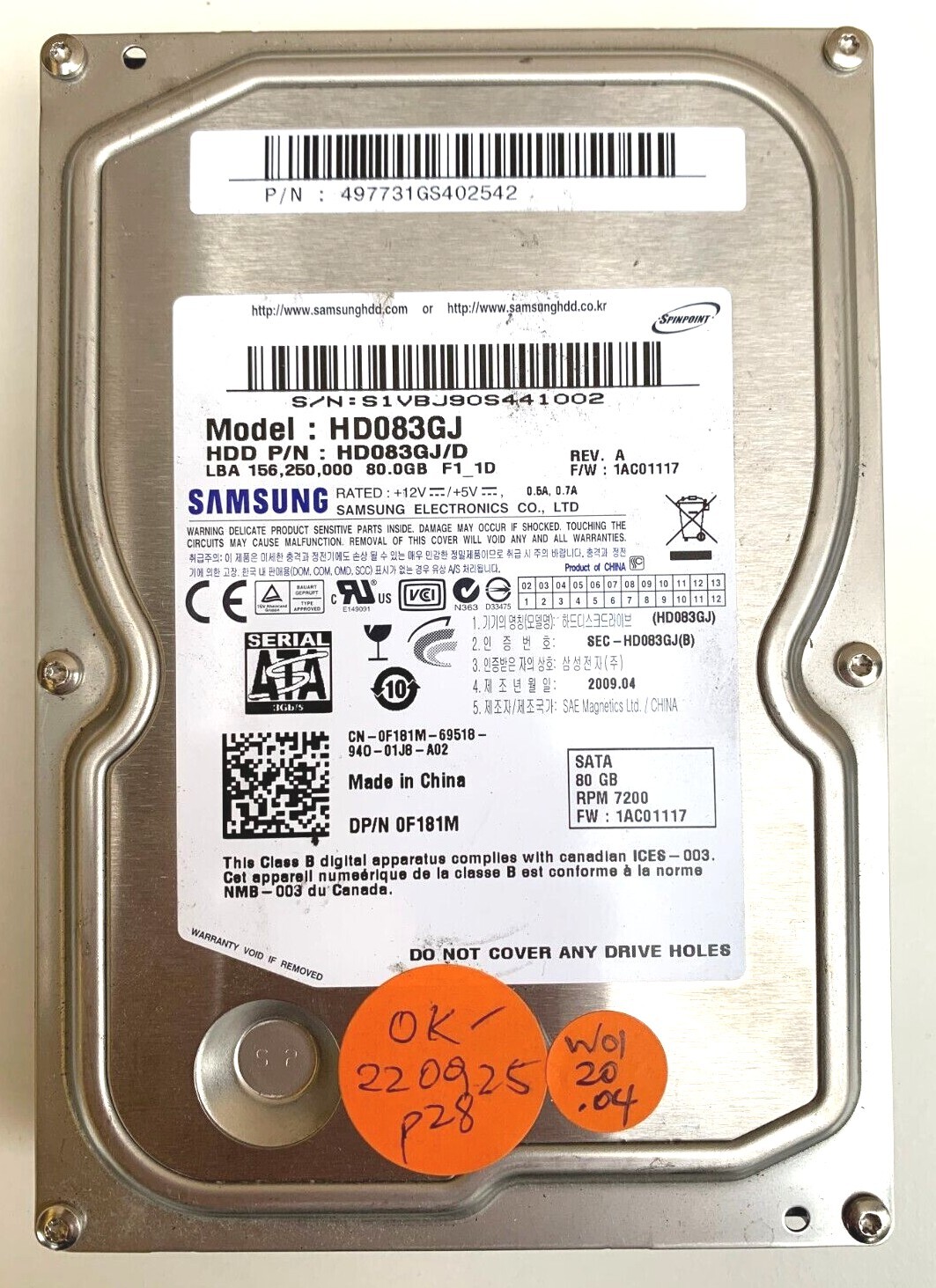 AU Hard drive: Samsung 80Gb SATA HD083GJ/D F1 1D Rev A 0F181M •AU stock•