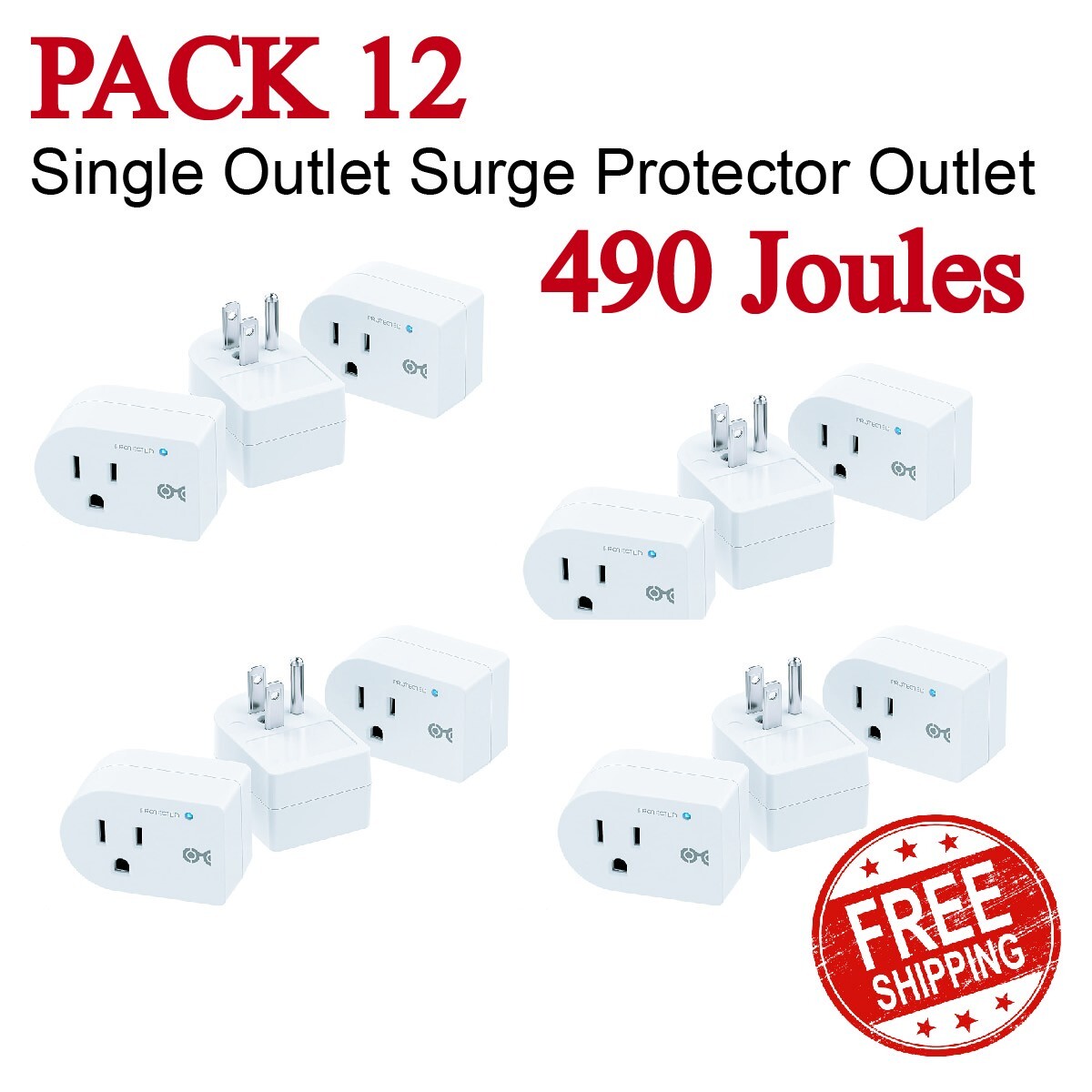 12-Pack Non-Blocking 490 Joules Single Outlet Surge Protector Outlet, 1875W