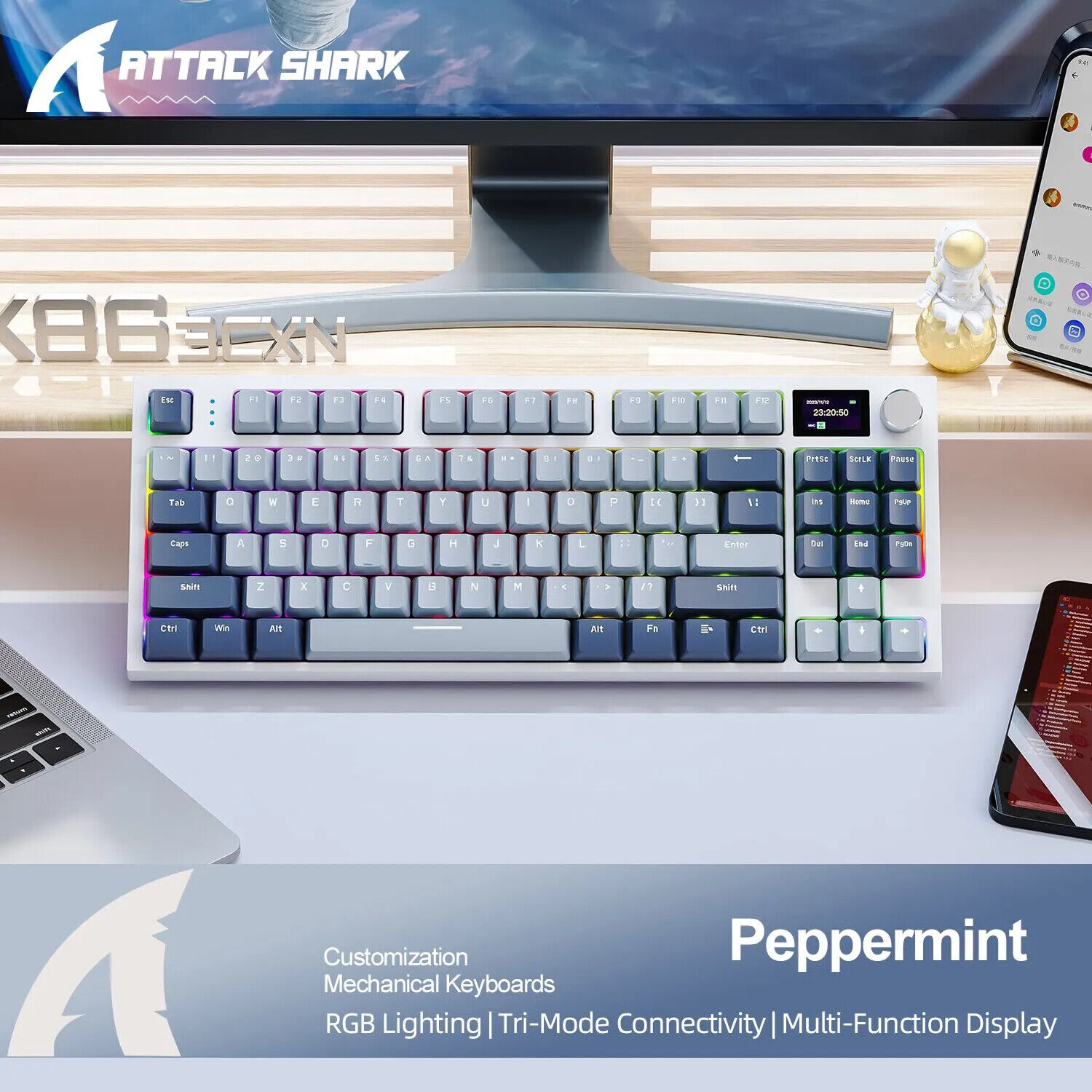 K86 hot swappable wireless mechanical keyboard with display screen for gaming