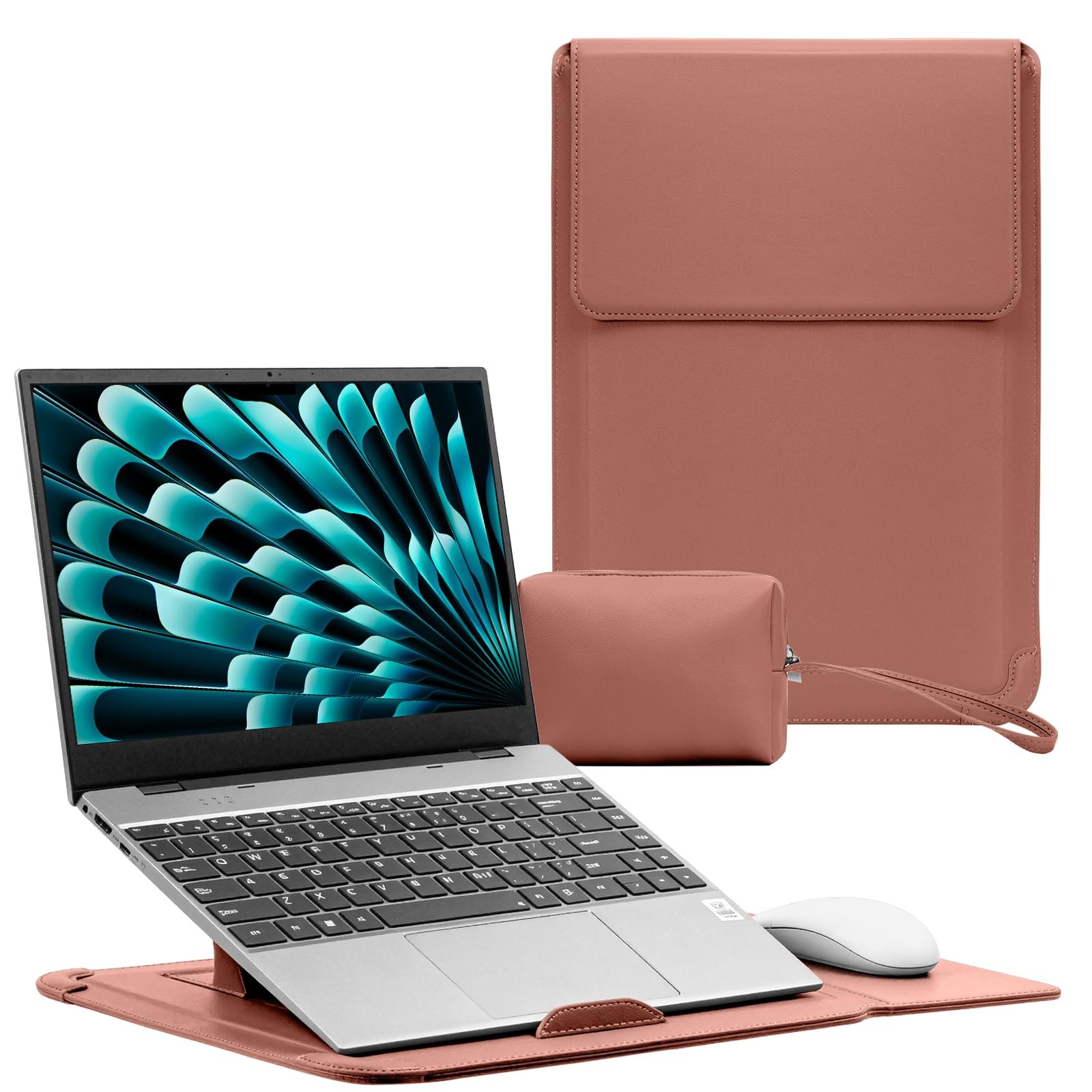 13-14 inch Laptop Sleeve Case, PU Leather 3-in-1 Cover (Dark Pink)