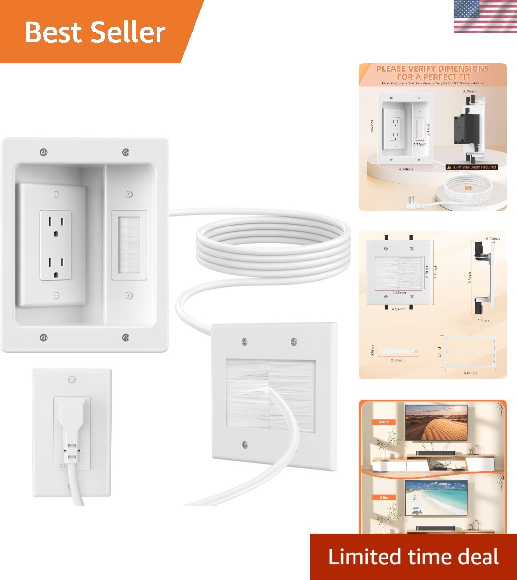 in Wall Cable Concealer Kit with Brush Wall Plate,Recessed Outlet Box,9ft Cor...
