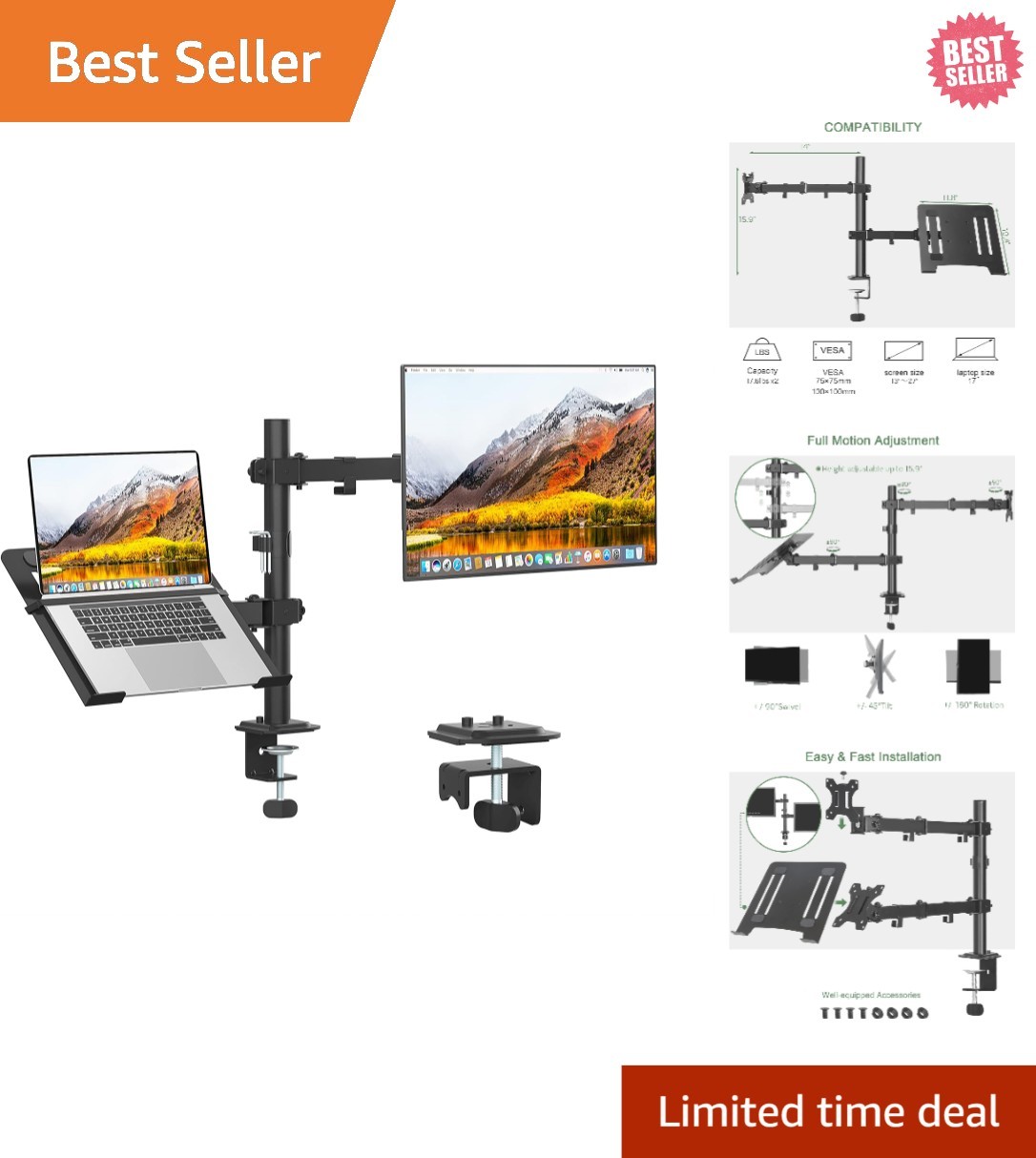 Monitor and Laptop Mount, Monitor Arm with Vented Tray for 13" to 27" LCD Comput