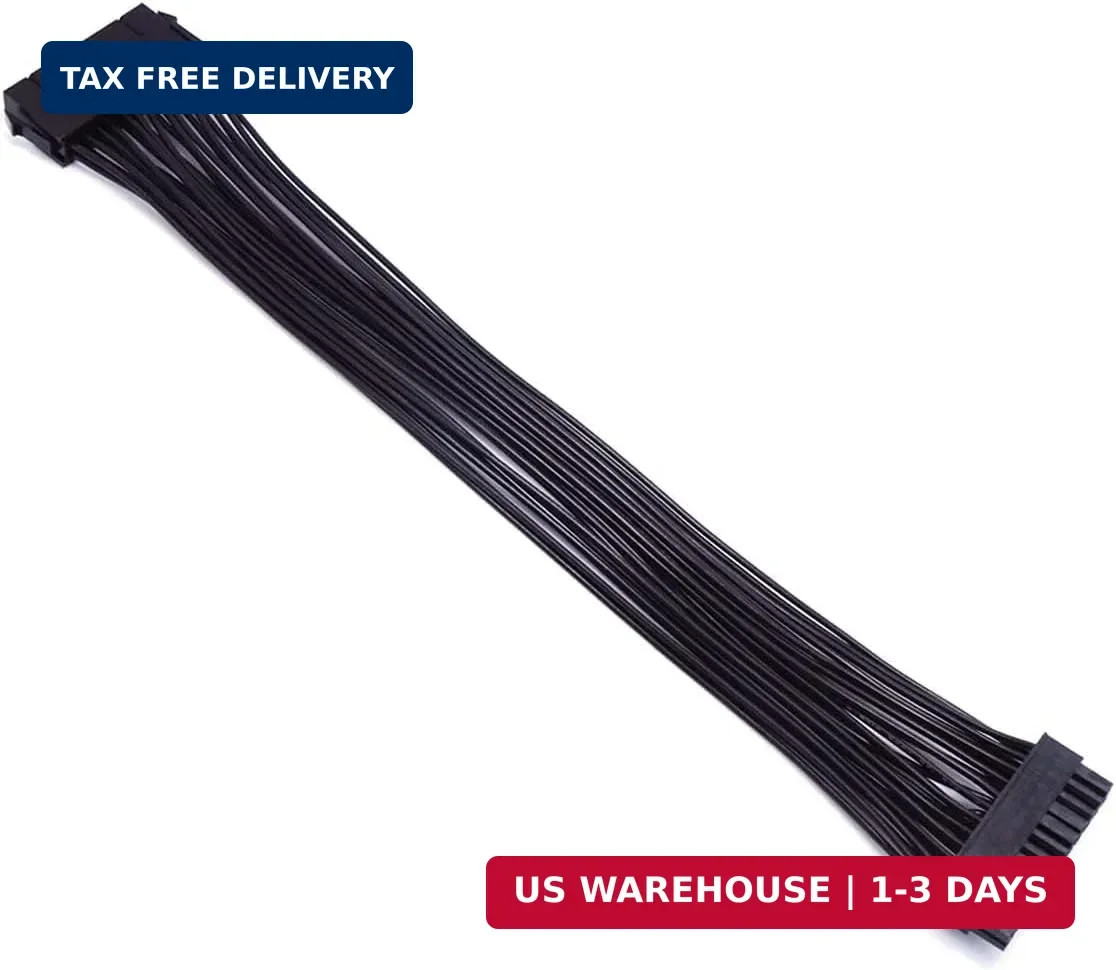 24 Pin ATX Power Cable, 12 Inch, 18AWG, Black, Male to Female, PVC Sheath, 18A,