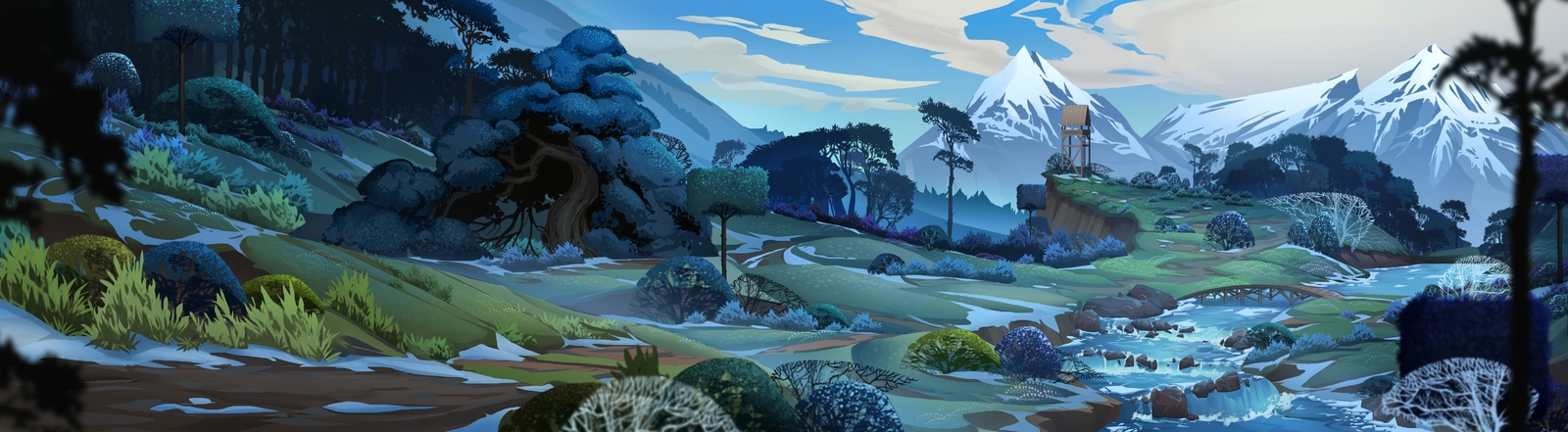 Landscape mountains river snow forest dual monitors Custom Gaming Mat Desk