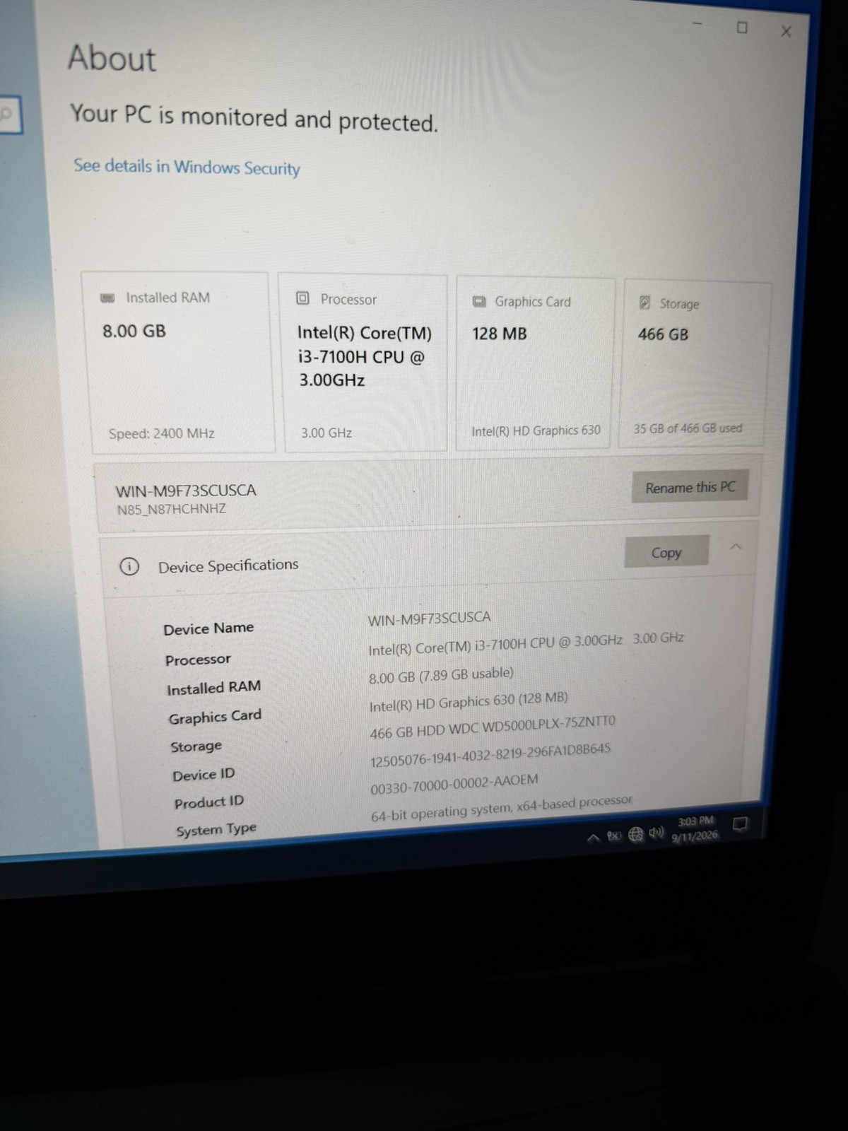 15.6" Clevo Sager N850HZ Core i3 7100H 8GB 500GB SATA Broken Hinge