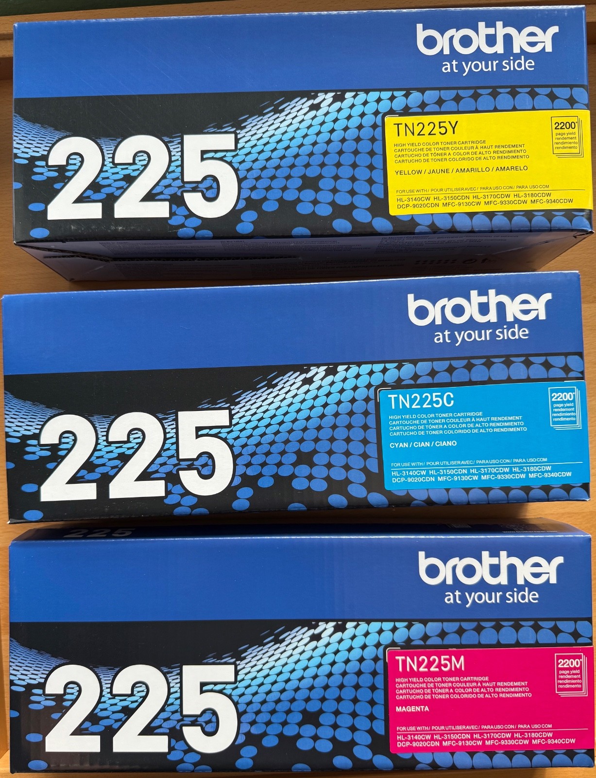 Sealed new genuine Brother TN225C, TN225M, TN225Y High Yield Toner Cartridge Set