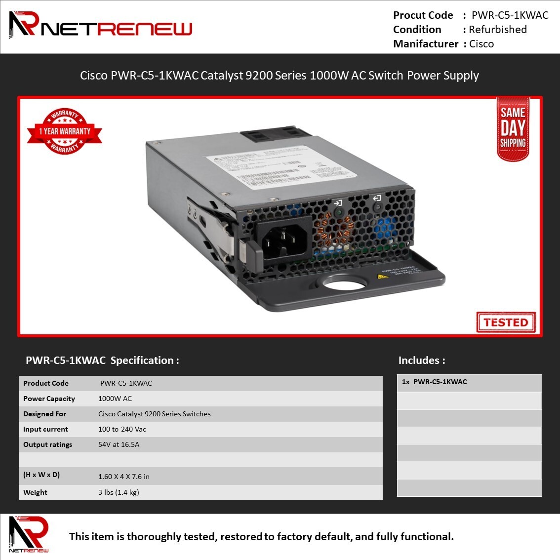 Cisco PWR-C5-1KWAC 1000W Power Supply for 9200 Switches