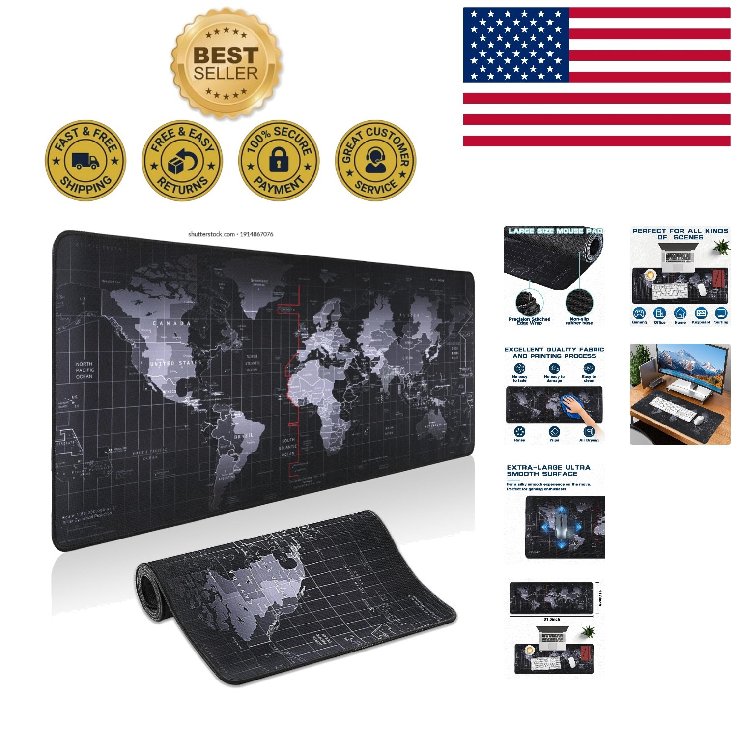 Double-Sided Black World Map Gaming Mouse Pad with Non-Slip Base 31.5"x11.8"