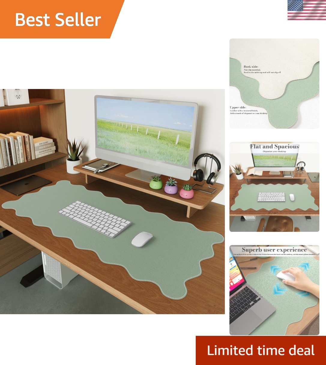 Elegant Leather Desk Pad - Extra Large Scalloped Mouse Pad 35.4" x 15.7" Green