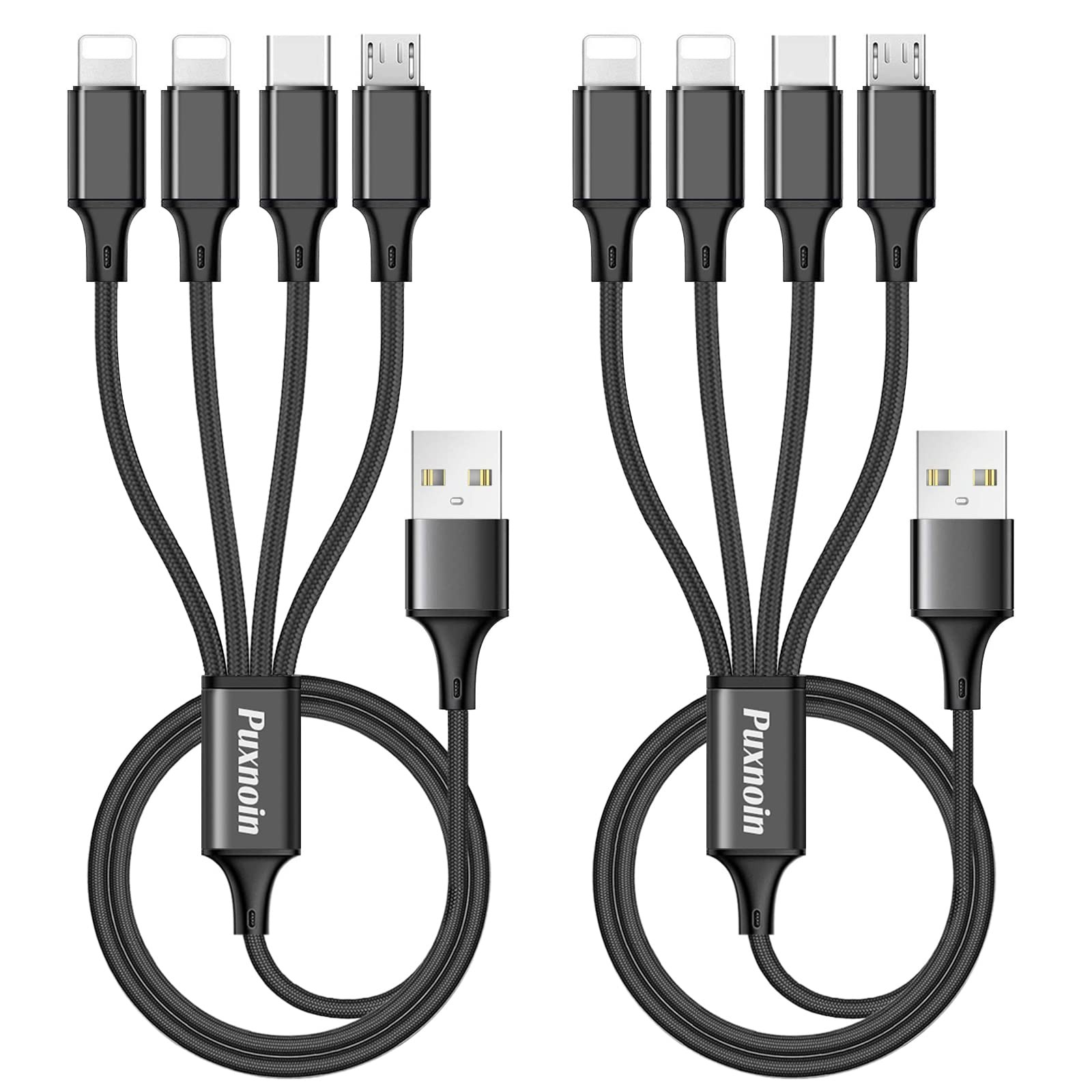 Puxnoin Multi Charging Cable, 2Pack 4FT 4 in 1 Cable for 4ft, Black 
