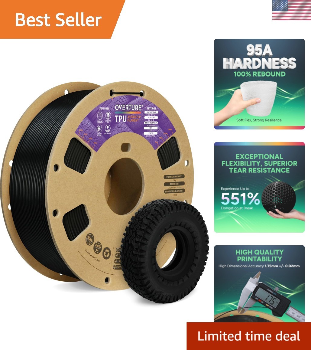 Flexible TPU Filament 1.75mm 95A Soft 3D Printer Filament 1kg Spool Black