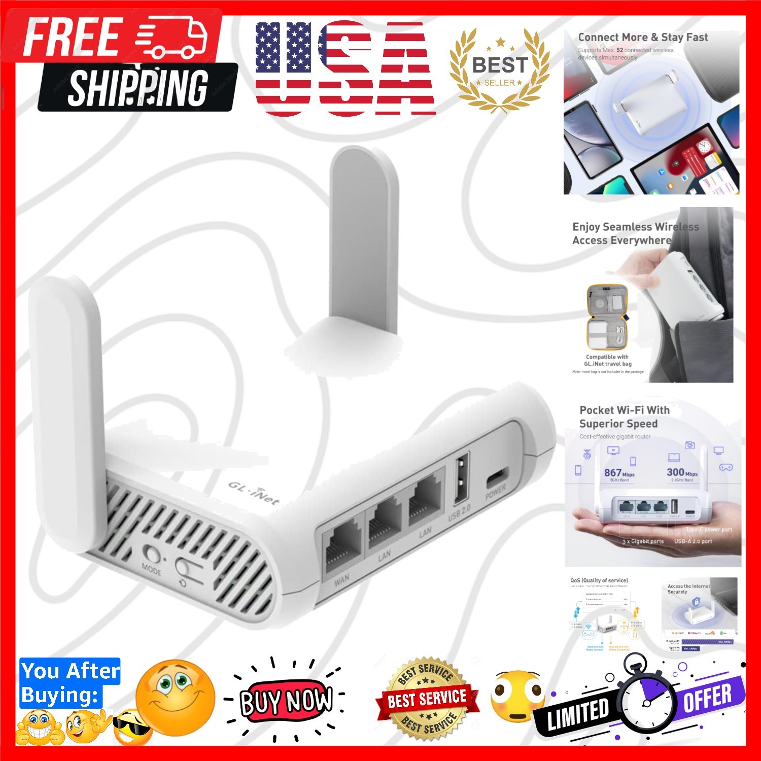 GL- Opal Travel Router, AC1200 Dual-Band Wi-Fi | AC1200 dual-band Wi-Fi, 3 gi...