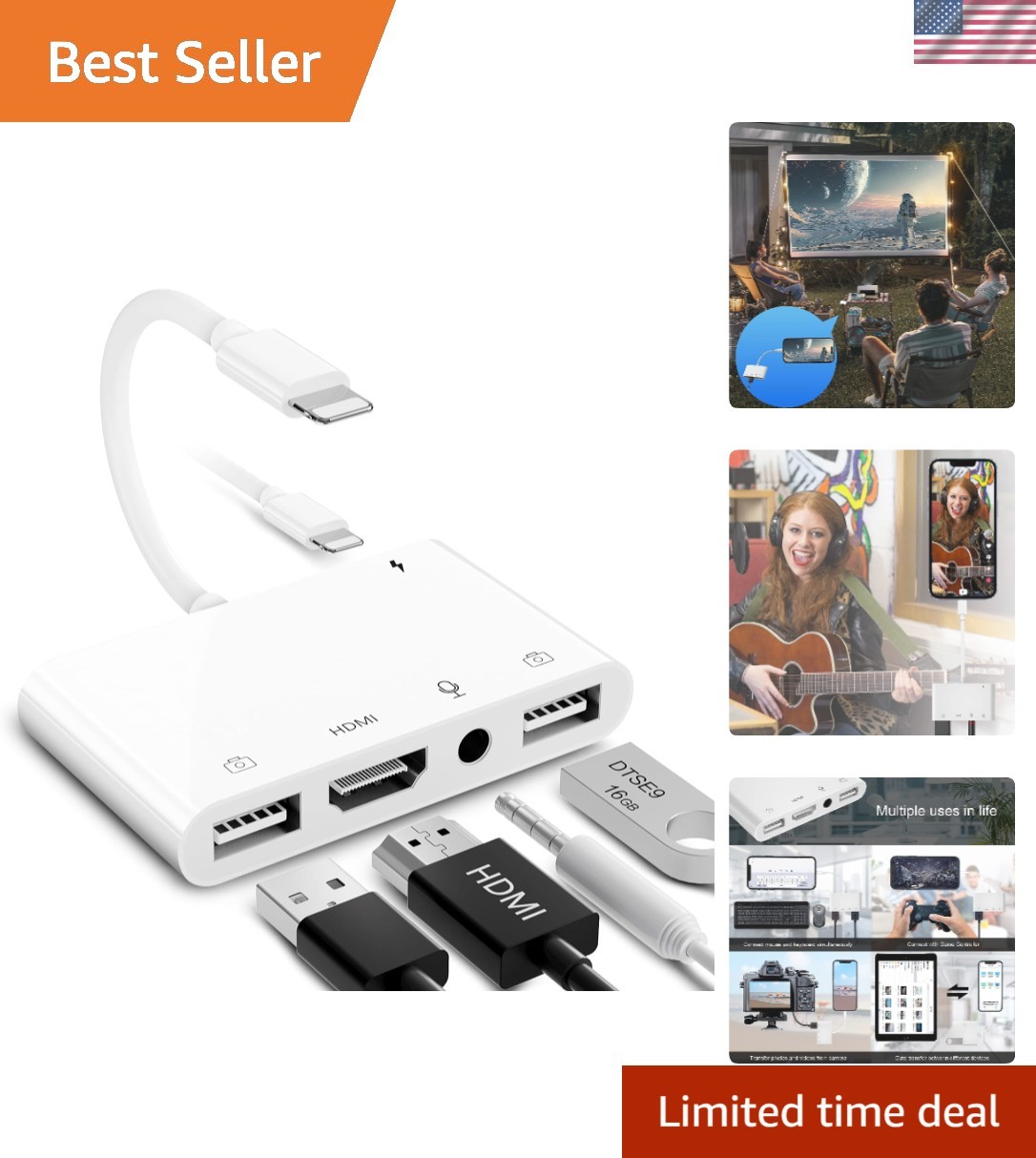 Lightning HDMI 5-in-1 Adapter for iPhone/iPad - Microphone & Charging Support
