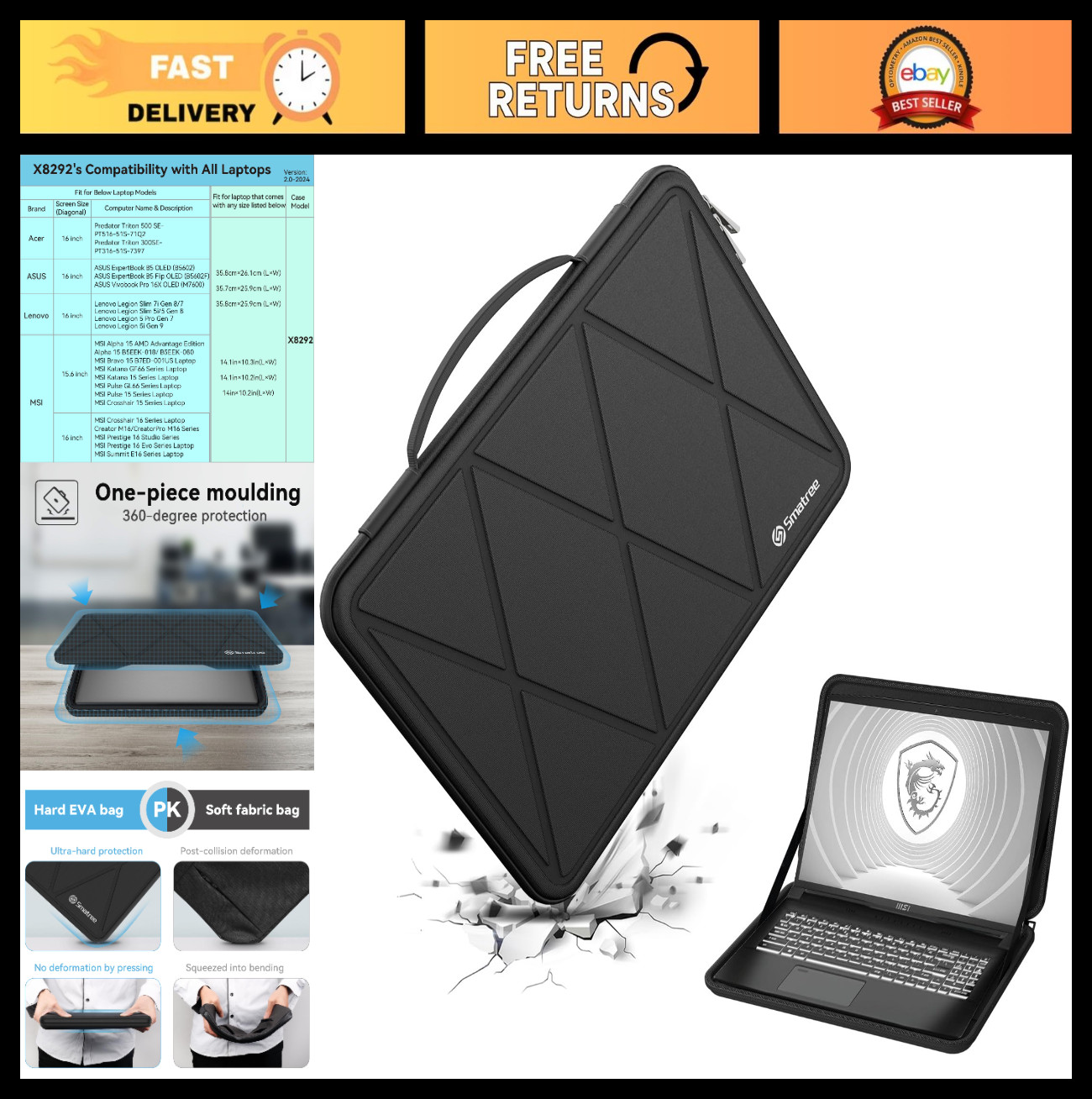 Hard EVA Protective Sleeve for 16" Laptops - Compatible with MSI Summit, Prestig