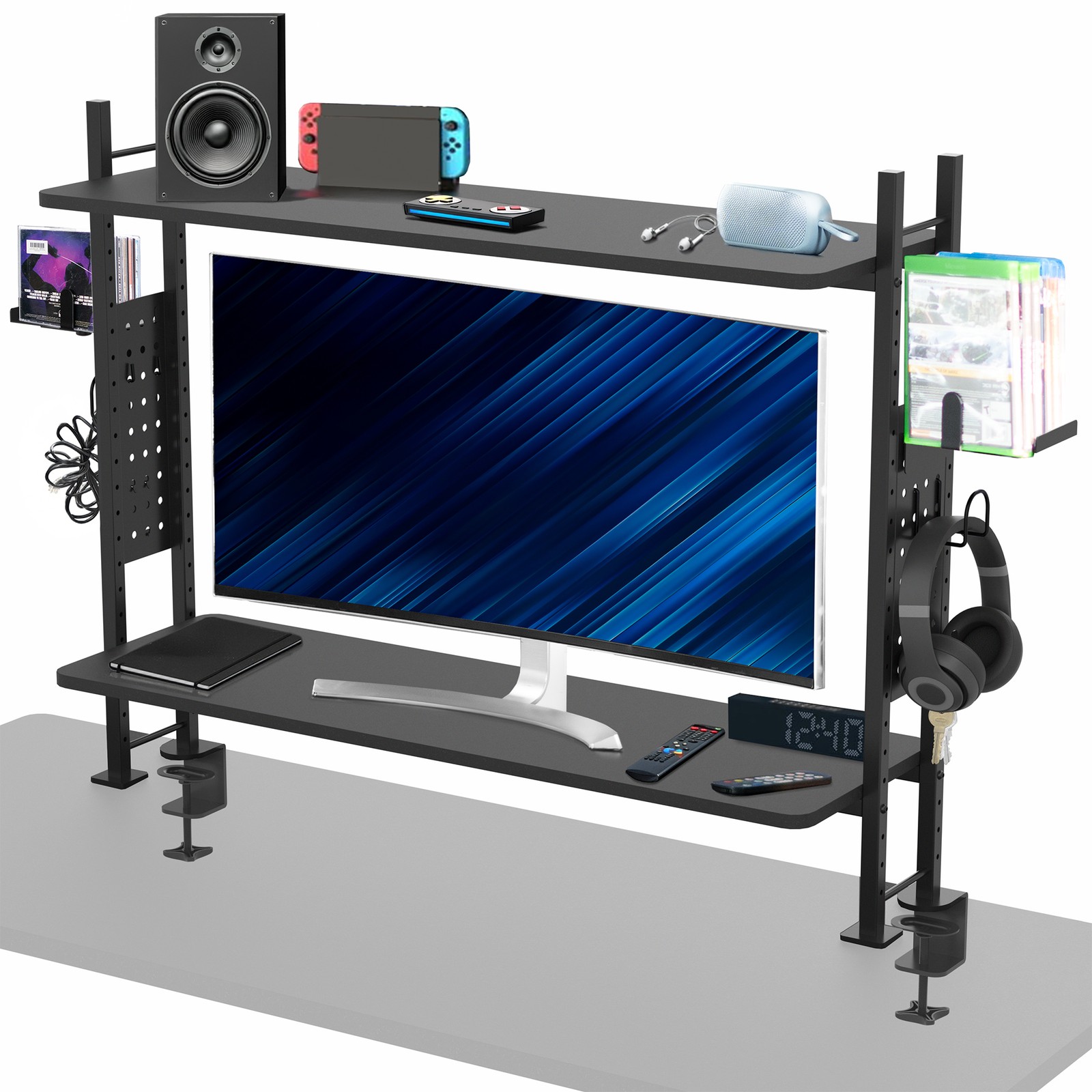 VIVO Black 40" Clamp-on 2-Tier Gaming Shelf System Organization with Pegboard