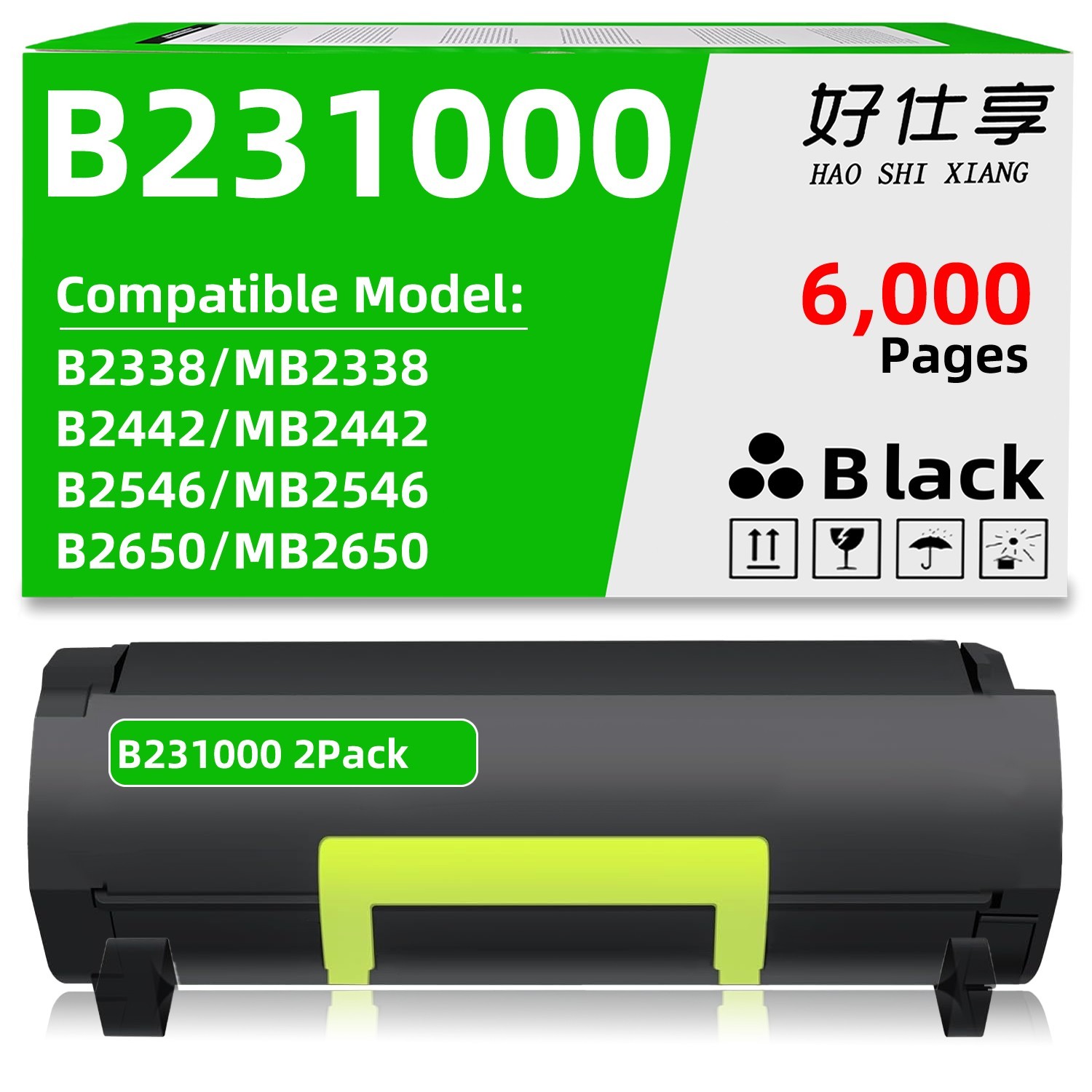 B231000 2Pack Toner Cartridge for Lexmark B2338 B2442 B2546 B2650 MB2338 MB2442