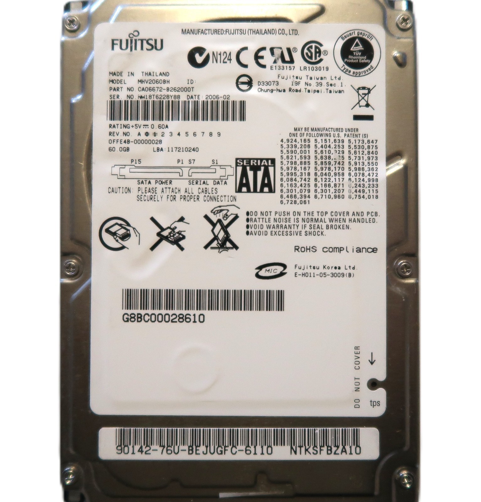 Fujitsu MHV2060BH CA06672-B262000T 5400rpm 8MB 1.5Gb/s 2.5" 60gb Sata hard drive