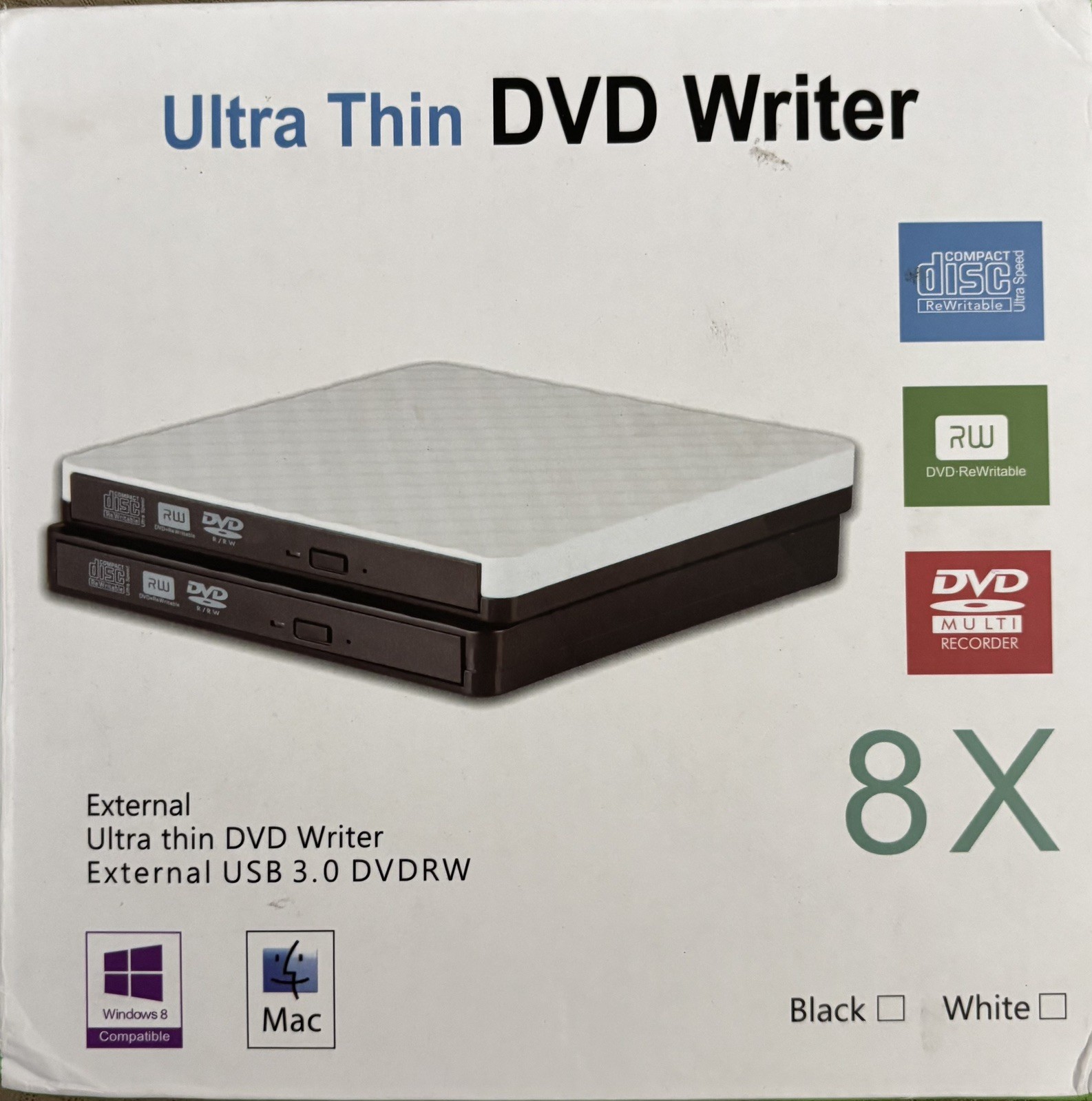 RoHS Ultra Thin Dvd Writer external USB 3.0 8X Windows or Mac  White  Lot 3601
