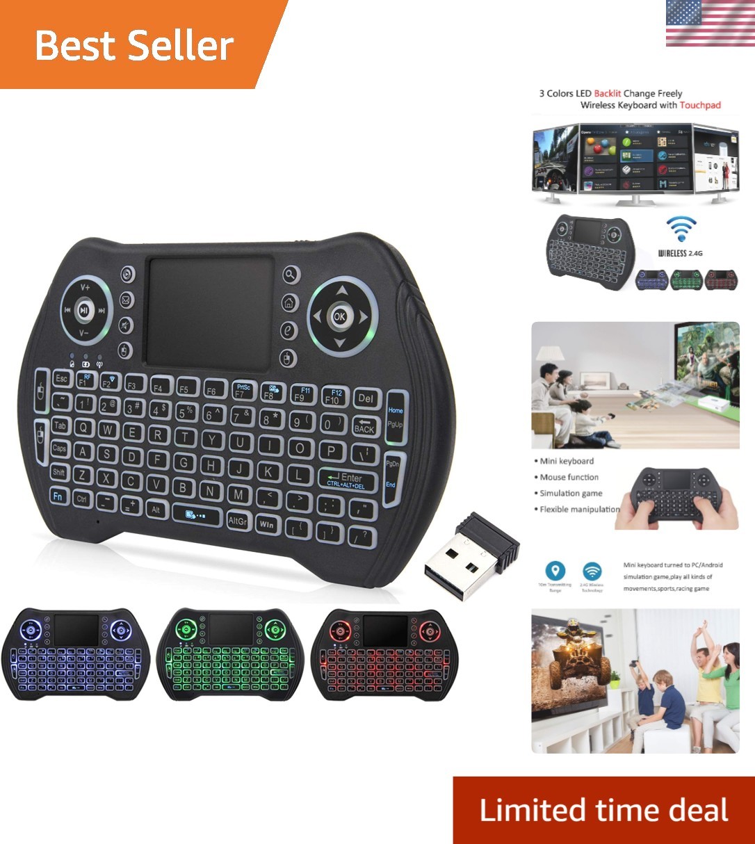 Compact 2.4GHz Wireless Mini Keyboard with RGB Backlit Touchpad - Versatile Use
