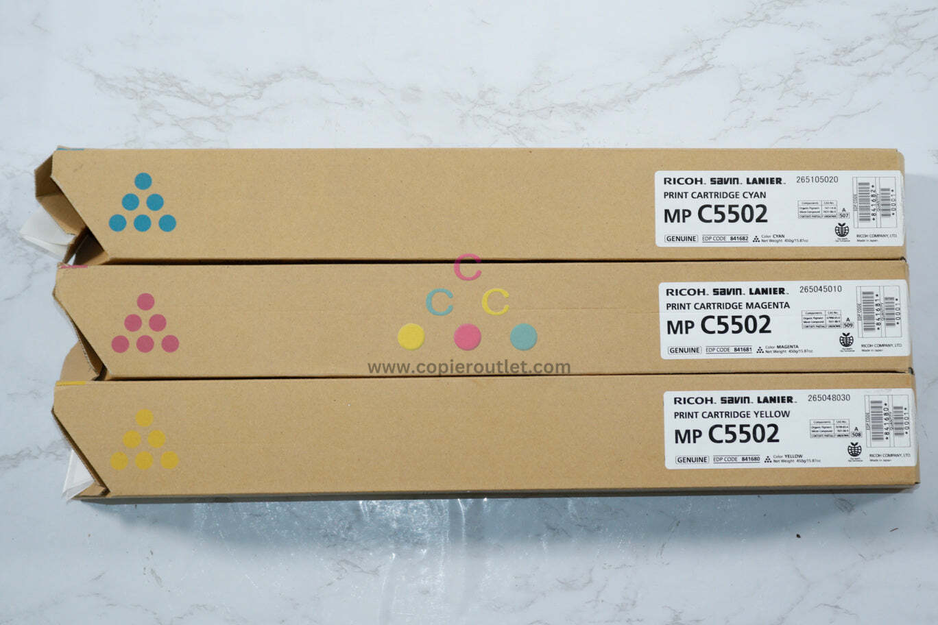 3 New OEM Ricoh MPC4502, MPC5502, CMY Toner Cartridges 841680, 841681, 841682
