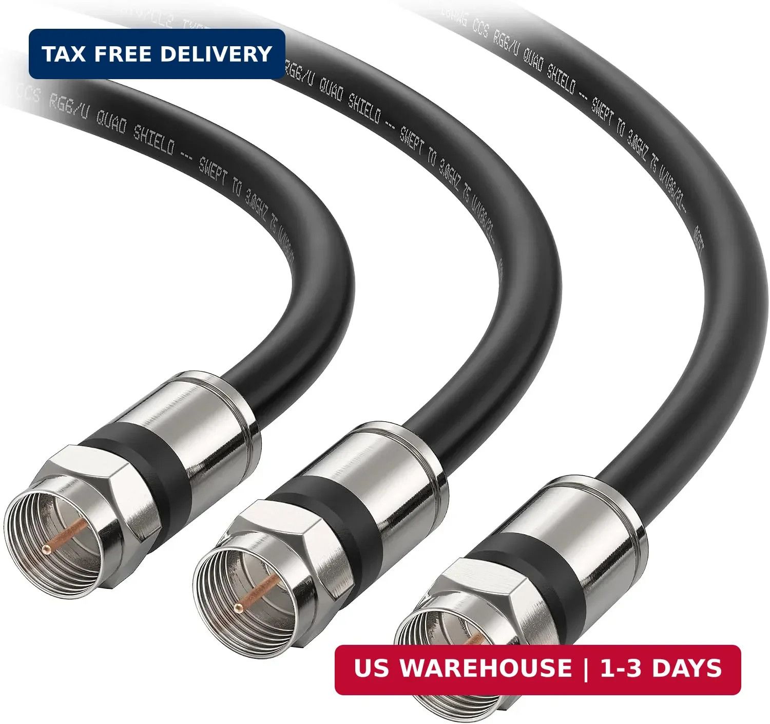 3-Pack RG6 Coaxial Cable, CL2, Quad Shield, 3ft, Black