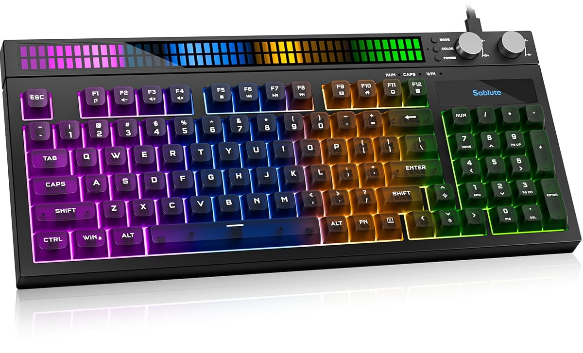 SABLUTE Quiet Gaming Keyboard with Sound-Sync RGB LED Display, 94-Key Wired P...
