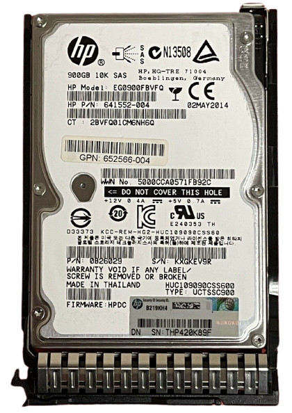 HP EG0900FBVFQ P/N 641552-004 0B26029 SAS 900GB 10K SAS 2.5" Hard Drive W/Tray