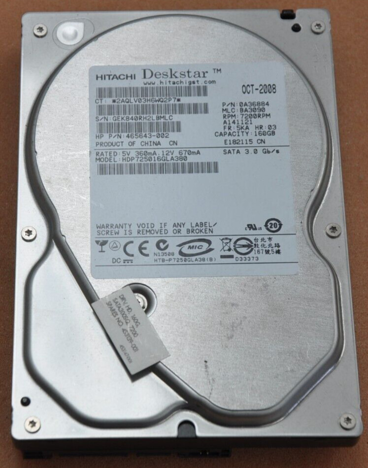 Hitachi HGST HDP725016GLA380 P/N 0A36884 160GB SATA 3Gb/s 7.2K 3.5" Hard Drive