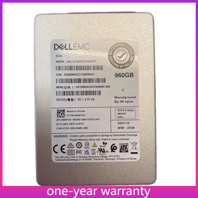 6NFDV 06NFDV DELL EMC 960GB SATA 2.5" 6Gbps HFS960G3H2X069N SSD Gen14 15 16 Tray