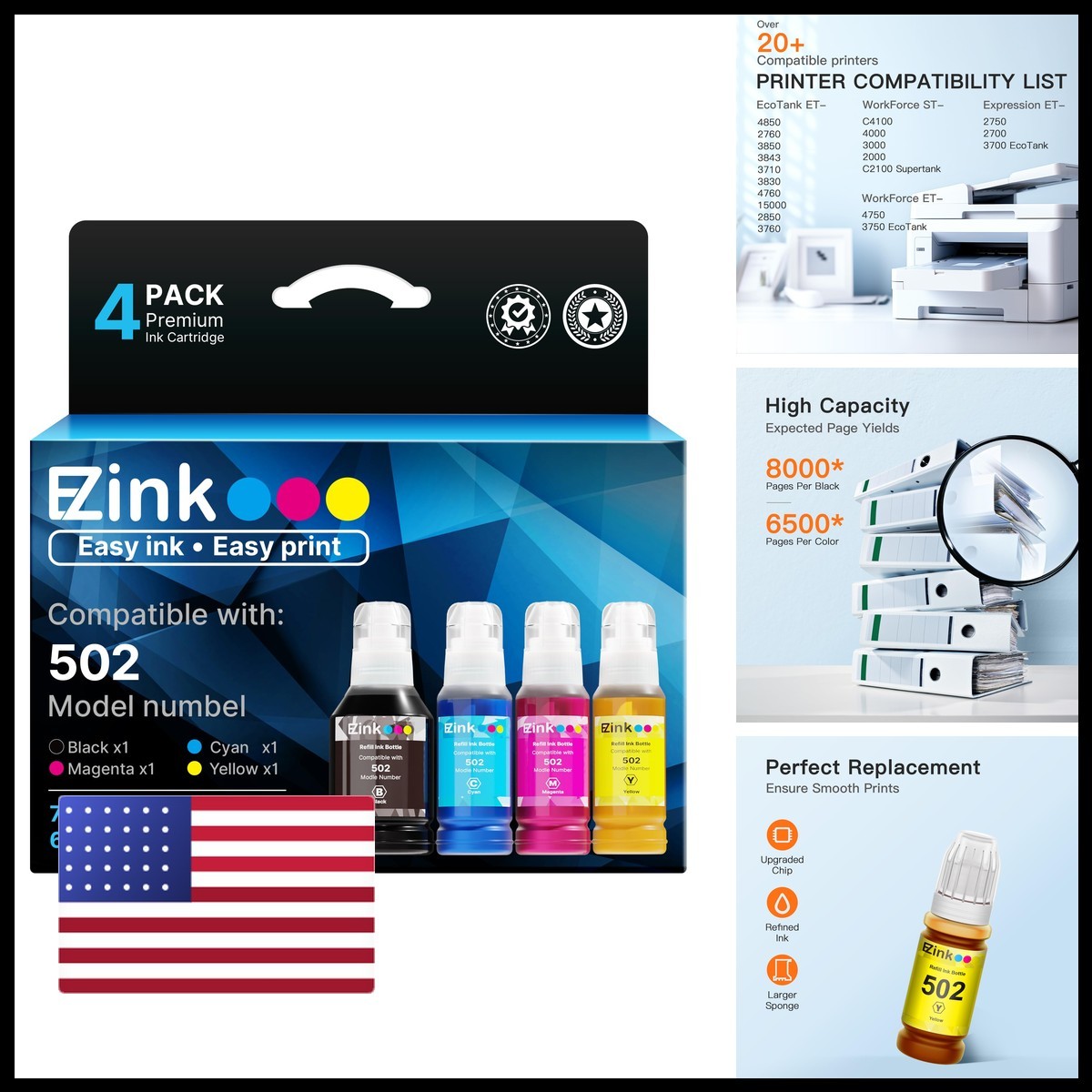 E-Z Ink 502 High Yield Ink Refill for Epson ET-4760 ET-3760 (4 Pack)