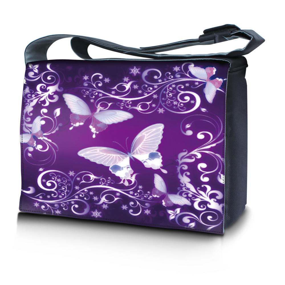17.3" 17" Laptop Notebook Padded Compartment Messenger Bag Purple Butterfly