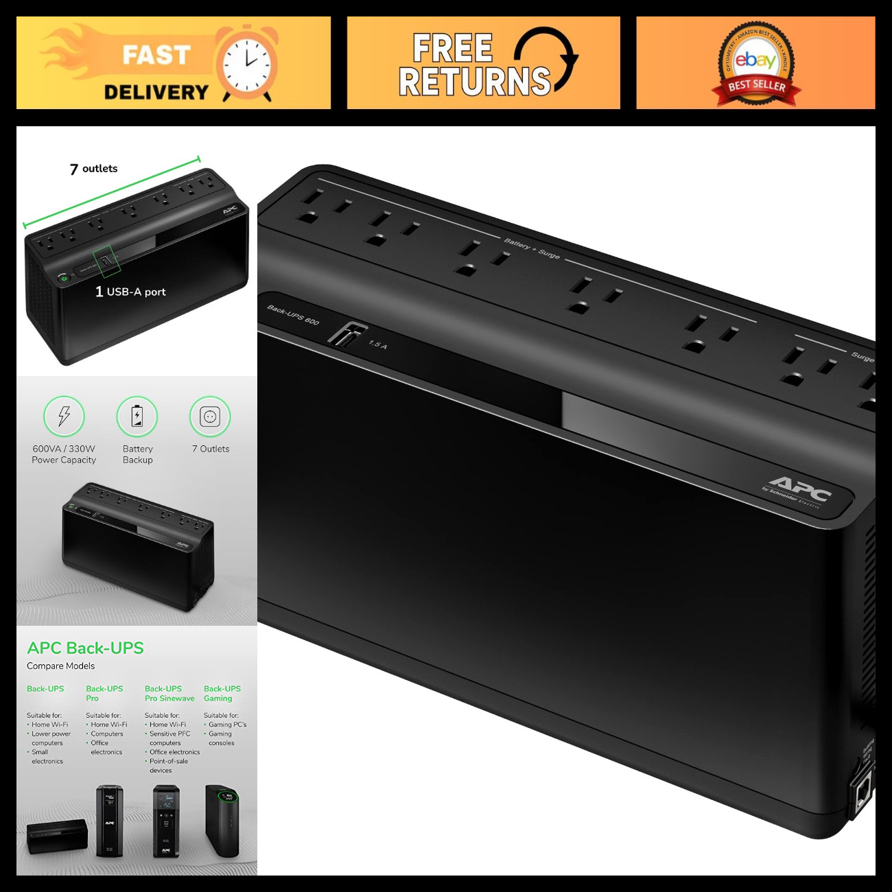 Battery Backup & Surge Protector UPS 600VA for Computer, Router, NAS - Reliable