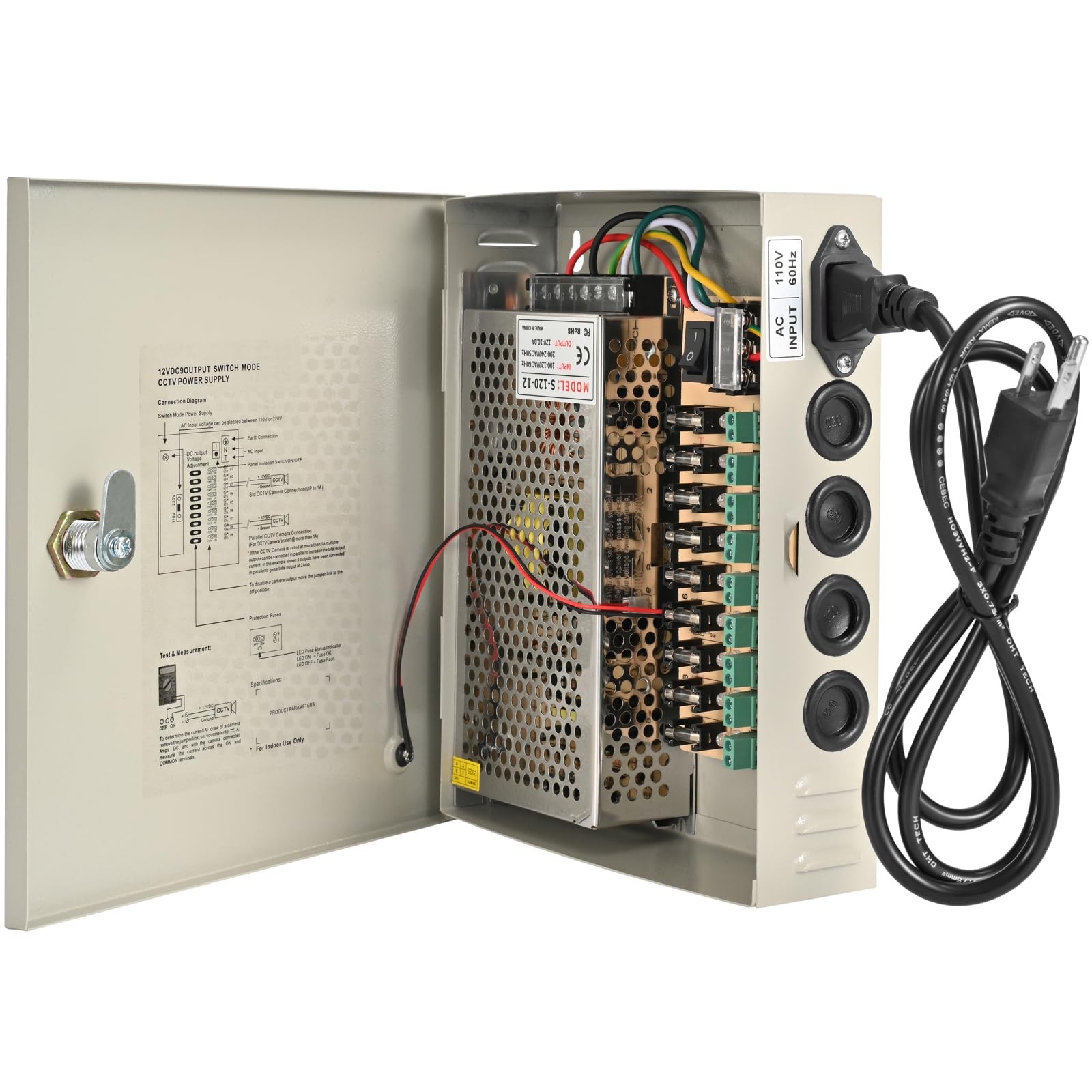 9 Channel 12V 5A CCTV Power Supply Box Lockable Metal Resettable Fuse DVR